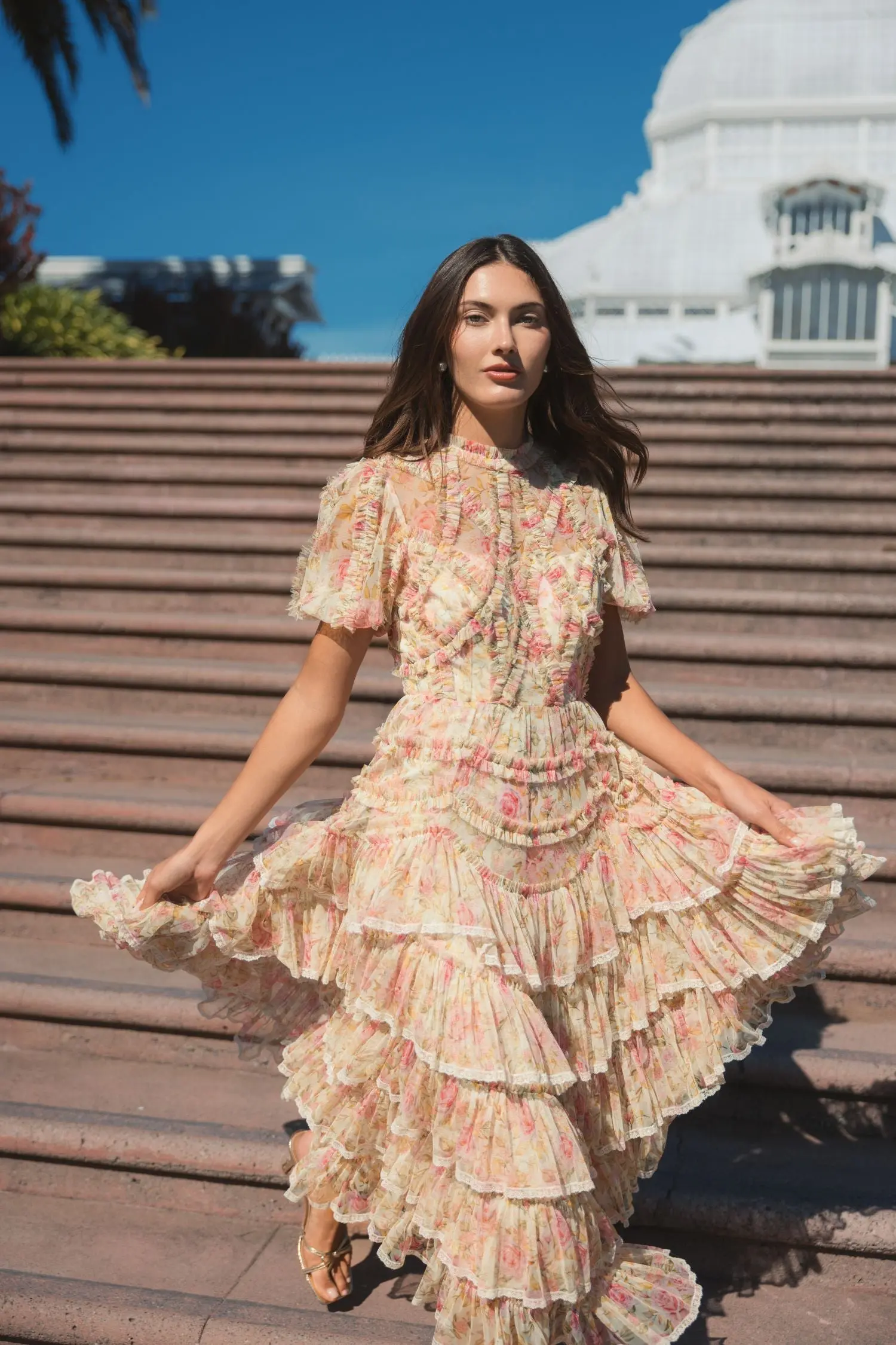 Beige Floral High Neck Midi Dress with Lace Trim - Image 6