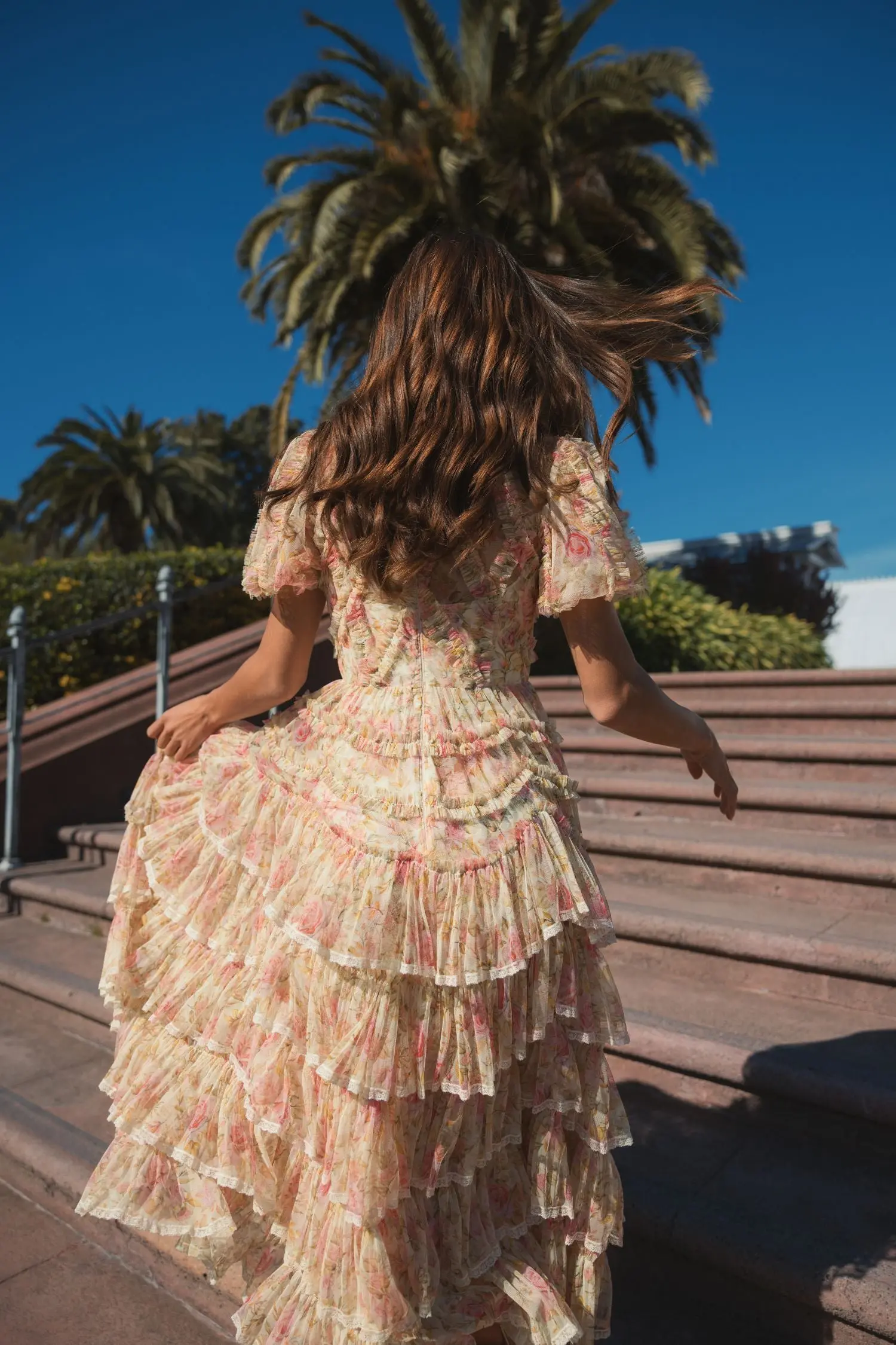 Beige Floral High Neck Midi Dress with Lace Trim - Image 7