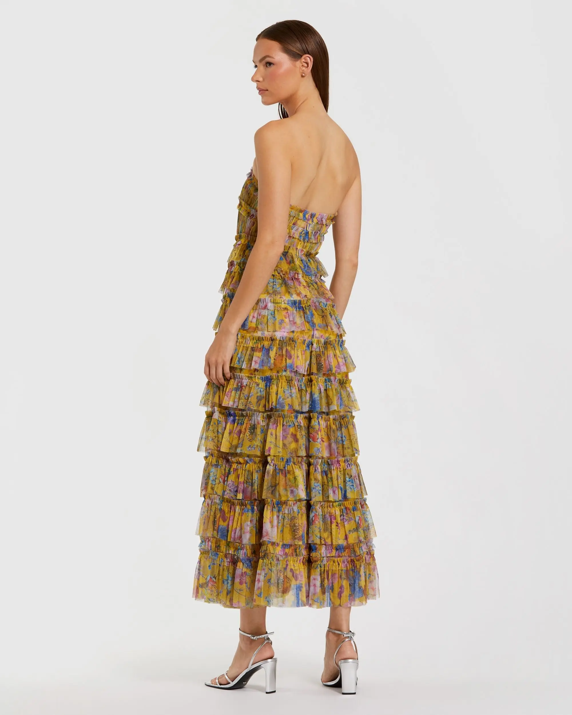 Yellow Floral Strapless Ruffle Midi Dress - Image 3