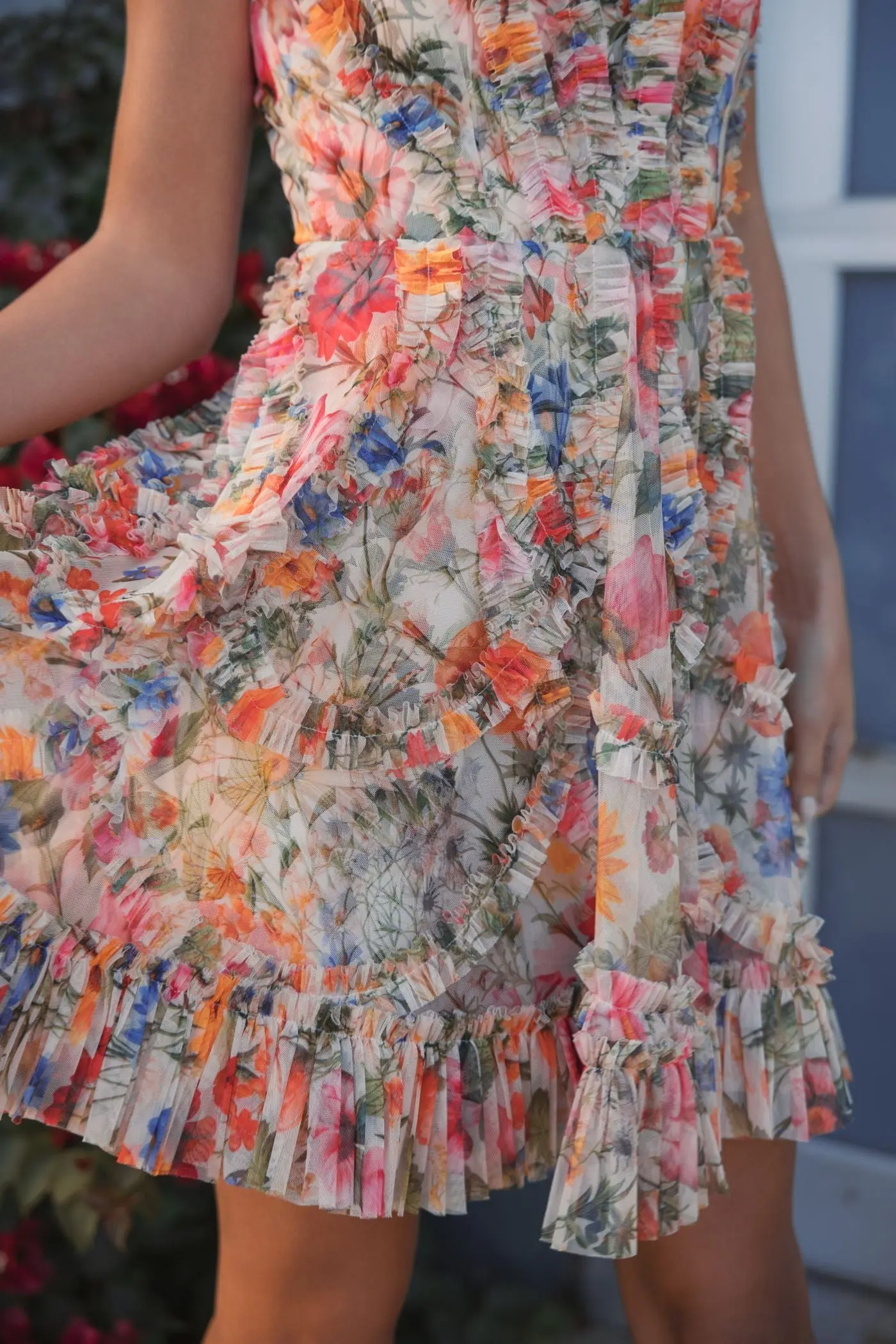 Multicolor Micro Ruffle Floral A-Line Mini Dress - Image 6