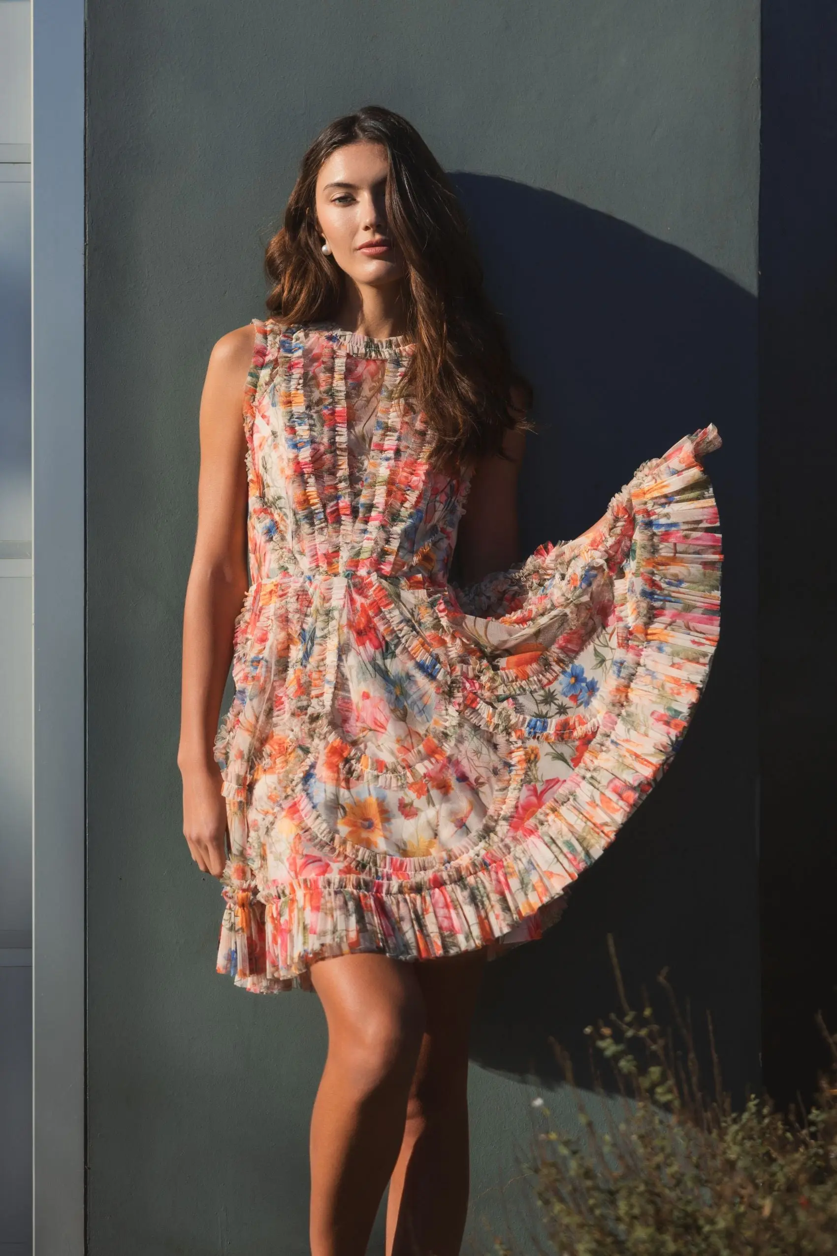 Multicolor Micro Ruffle Floral A-Line Mini Dress - Image 7