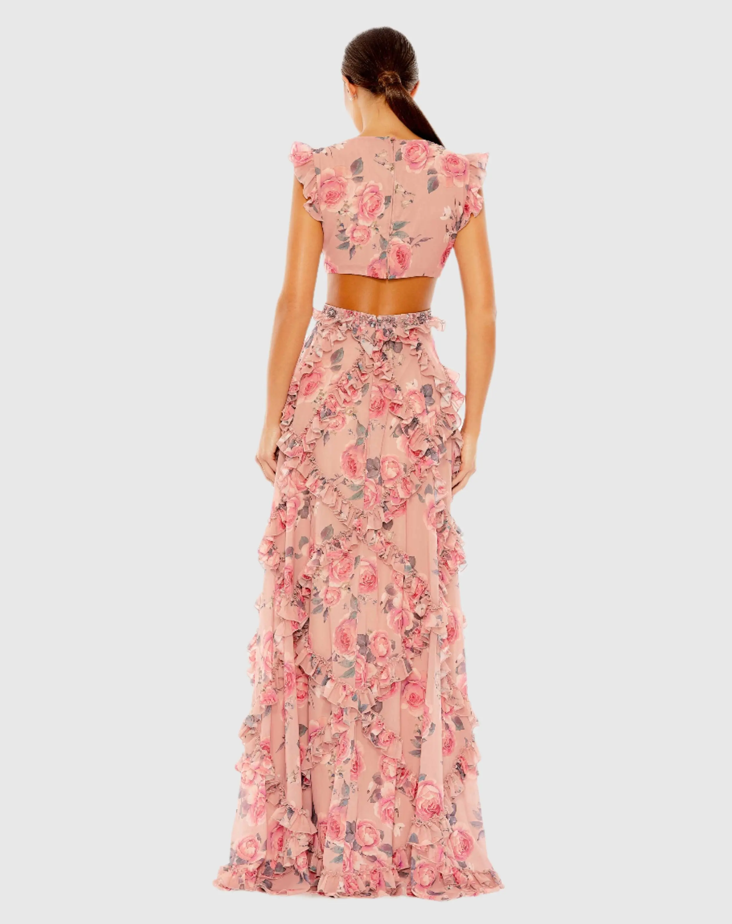 Pink Ruffled Cut Out Cap Sleeve V Neck Gown - Image 3