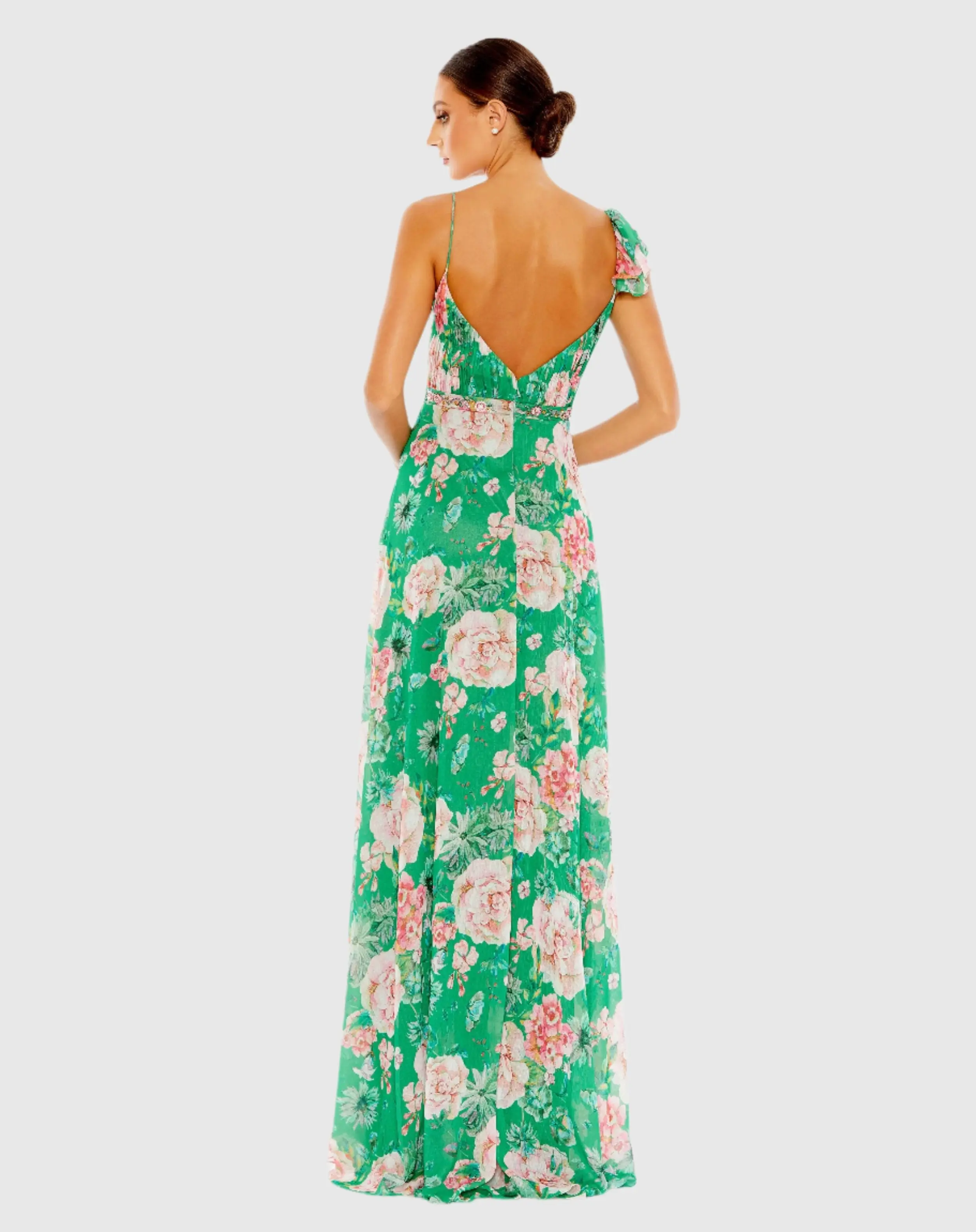 Green Floral Print Ruffled Wrap Over A Line Gown - FINAL SALE - Image 3