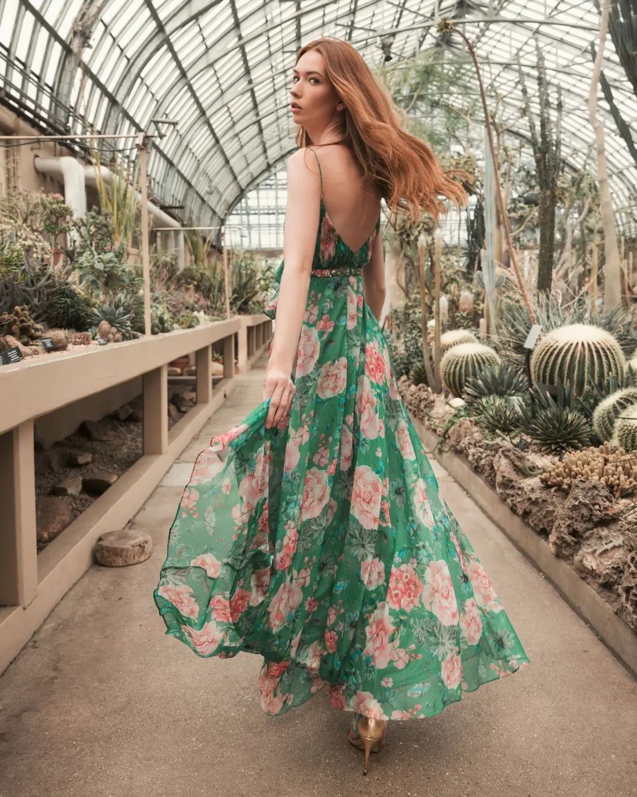 Green Floral Print Ruffled Wrap Over A Line Gown - FINAL SALE - Image 4