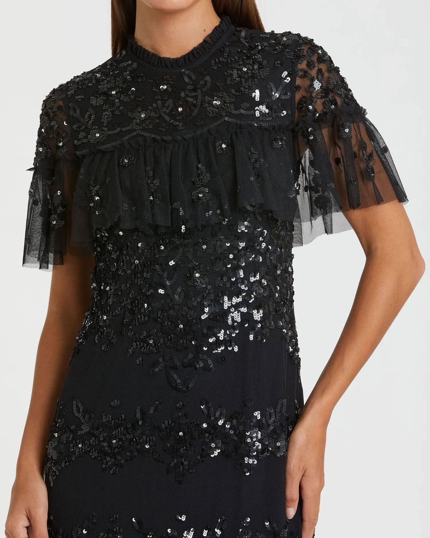 Black Sequined High Neck Ruffled Midi Dress - Image 2