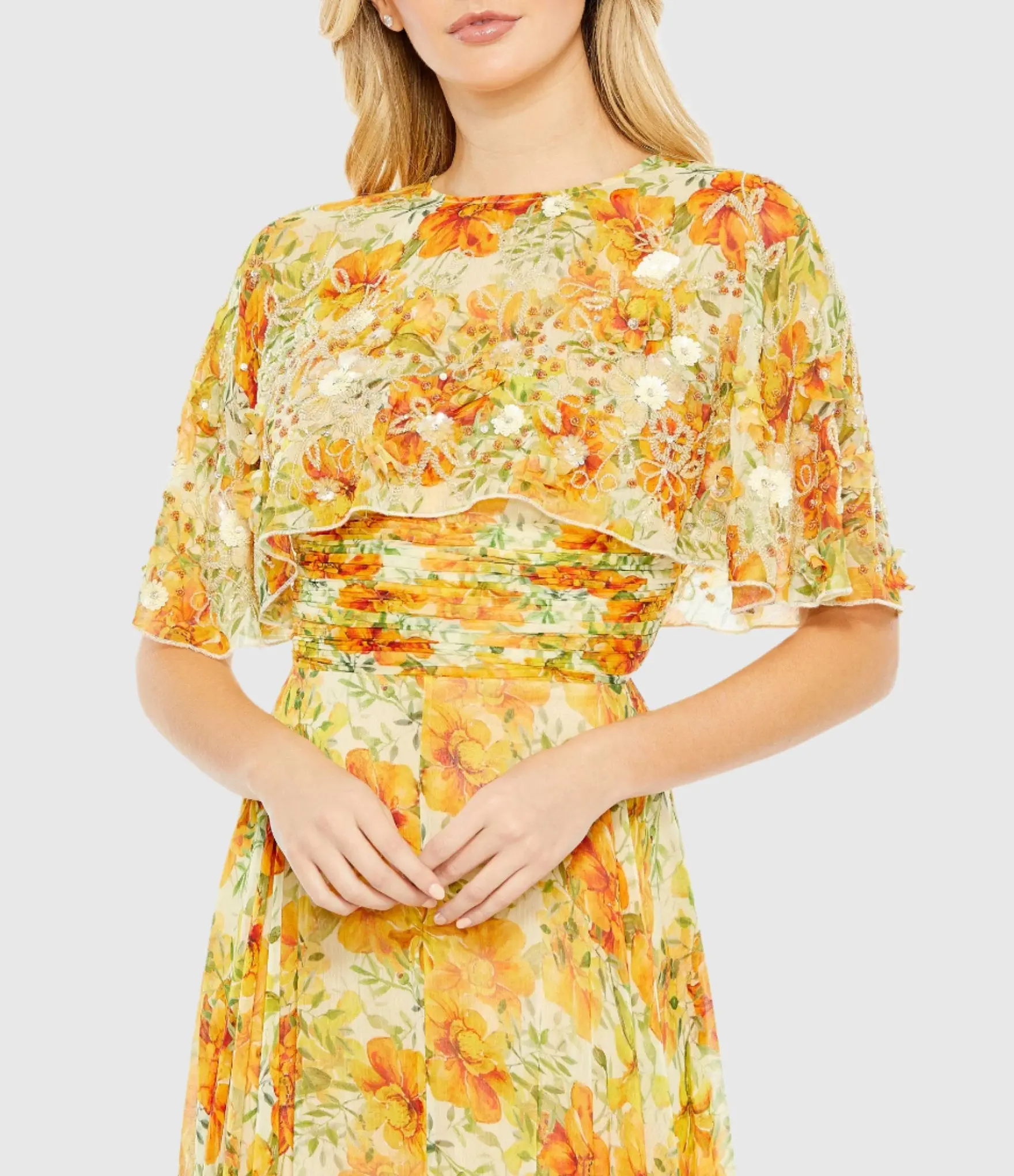 Yellow High Neck A-Line Floral Gown with Cape Sleeves - FINAL SALE - Image 2
