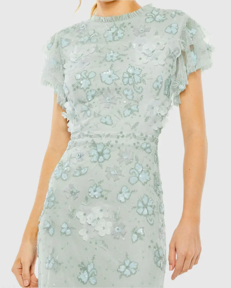 Blue Floral Embellished High Neck Flutter Sleeve Gown - Image 2