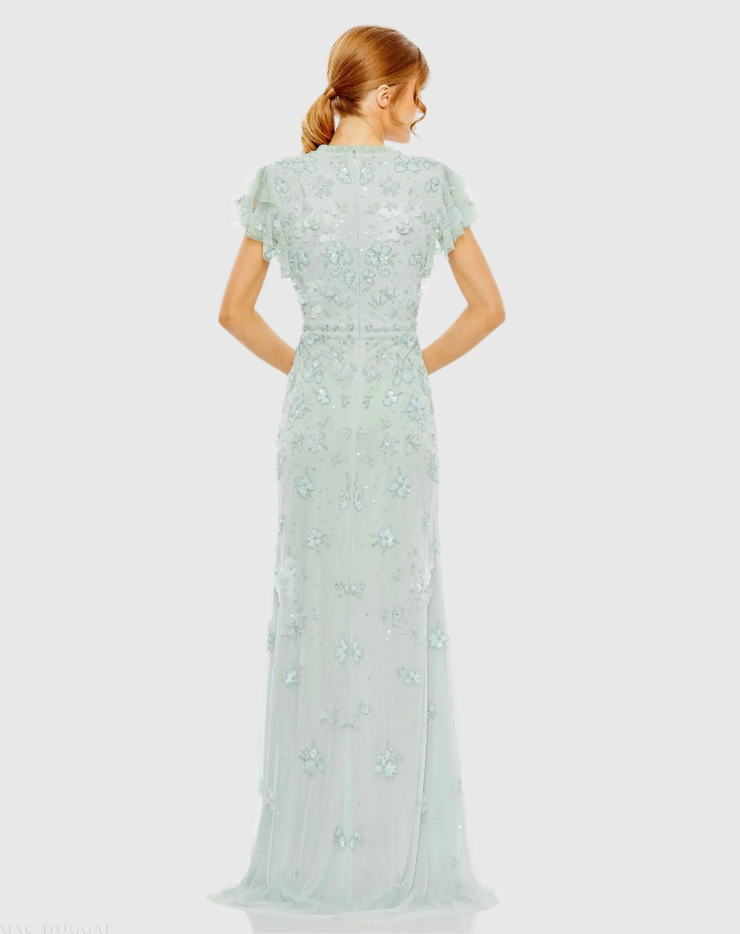 Blue Floral Embellished High Neck Flutter Sleeve Gown - Image 3