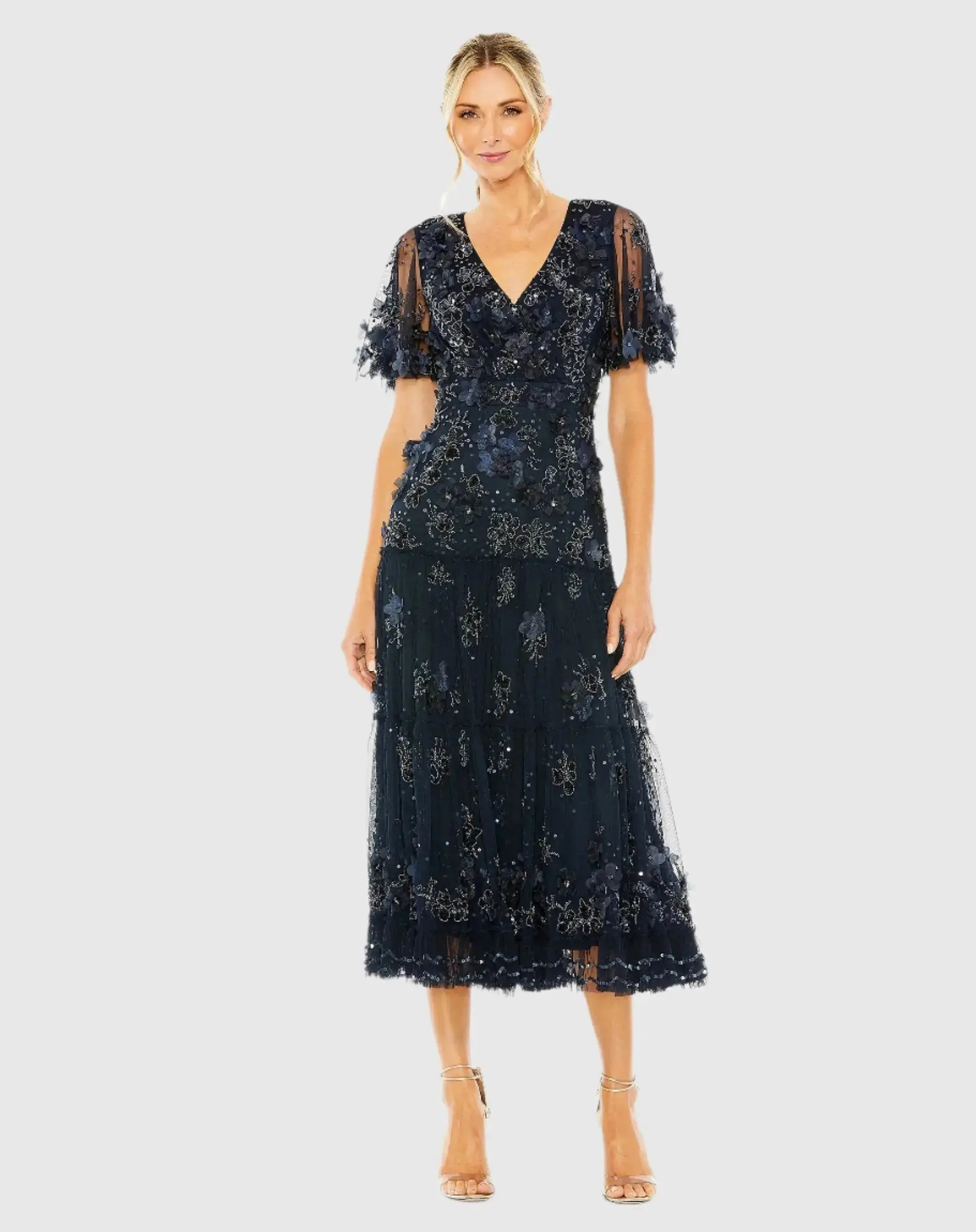 Navy Floral Embellished Flutter Sleeve Dress