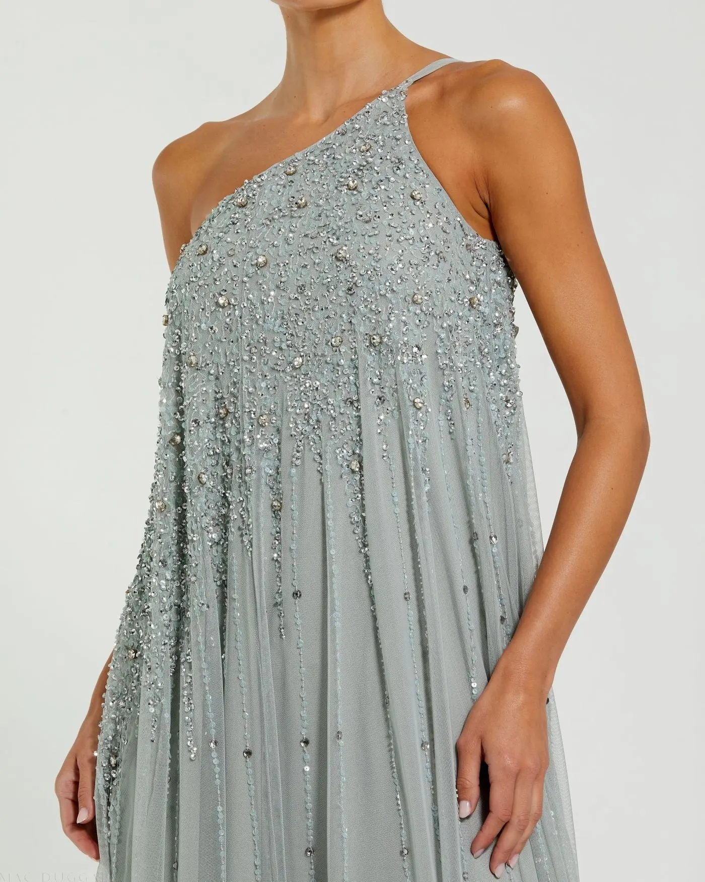 Green One Shoulder Embellished Trapeze A Line Gown - Image 2