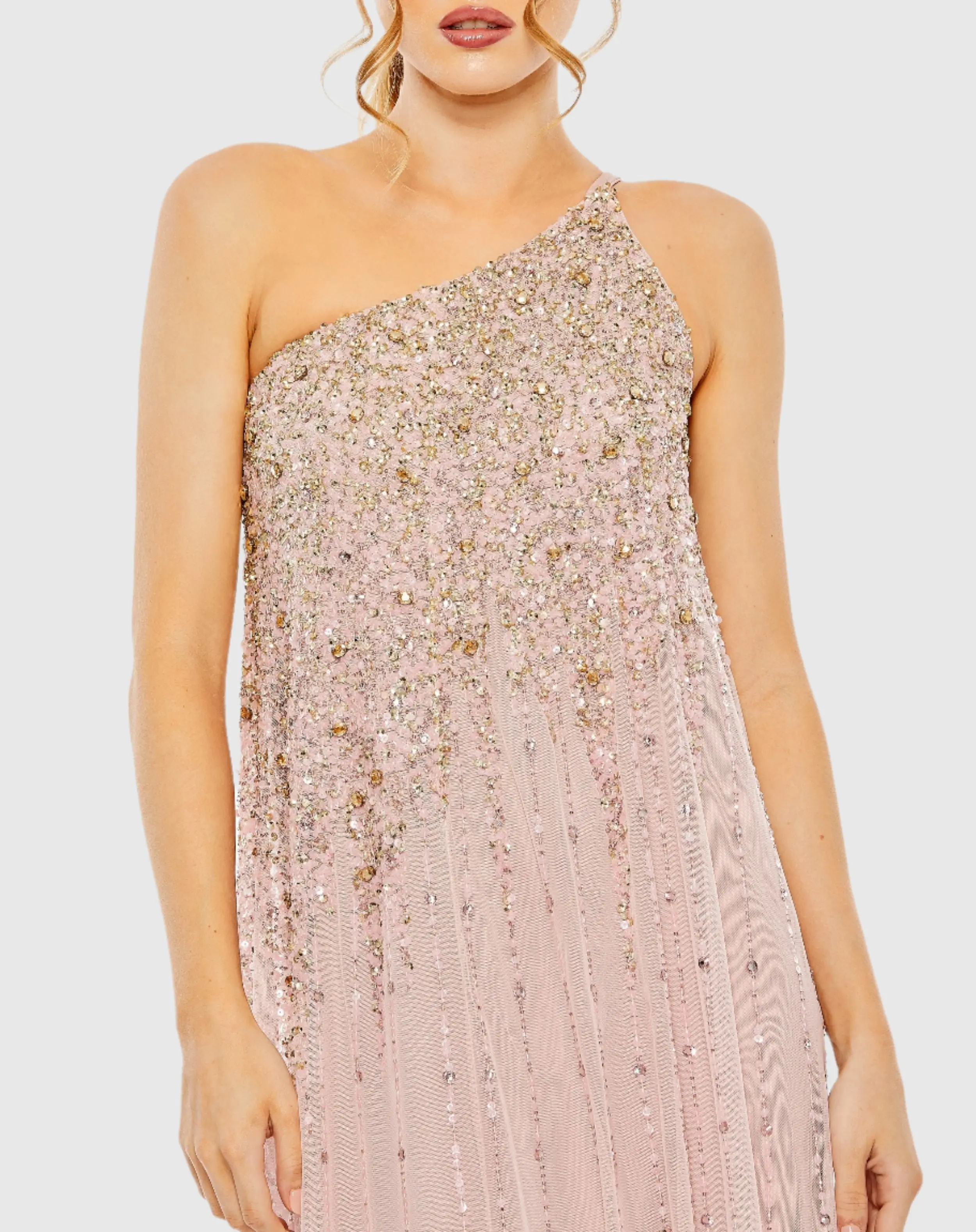 Pink One Shoulder Embellished Evening Gown - Image 2