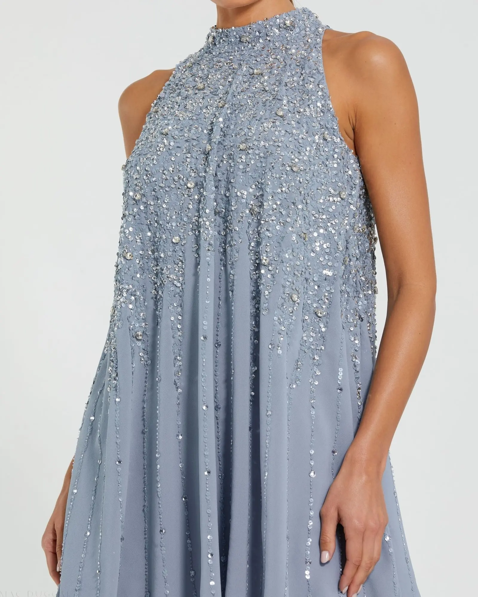 Blue High Neck Sleeveless Sequin Embellished Trapeze Dress - Image 2