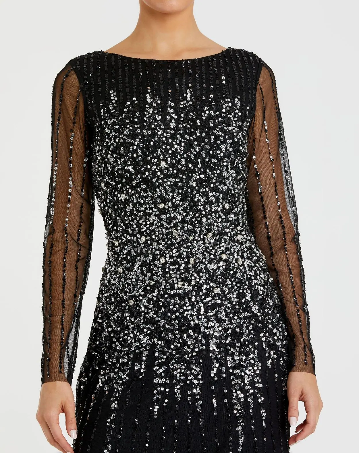 Black Boat Neck Sequin Embellished Long Sleeve A Line Gown - Image 2