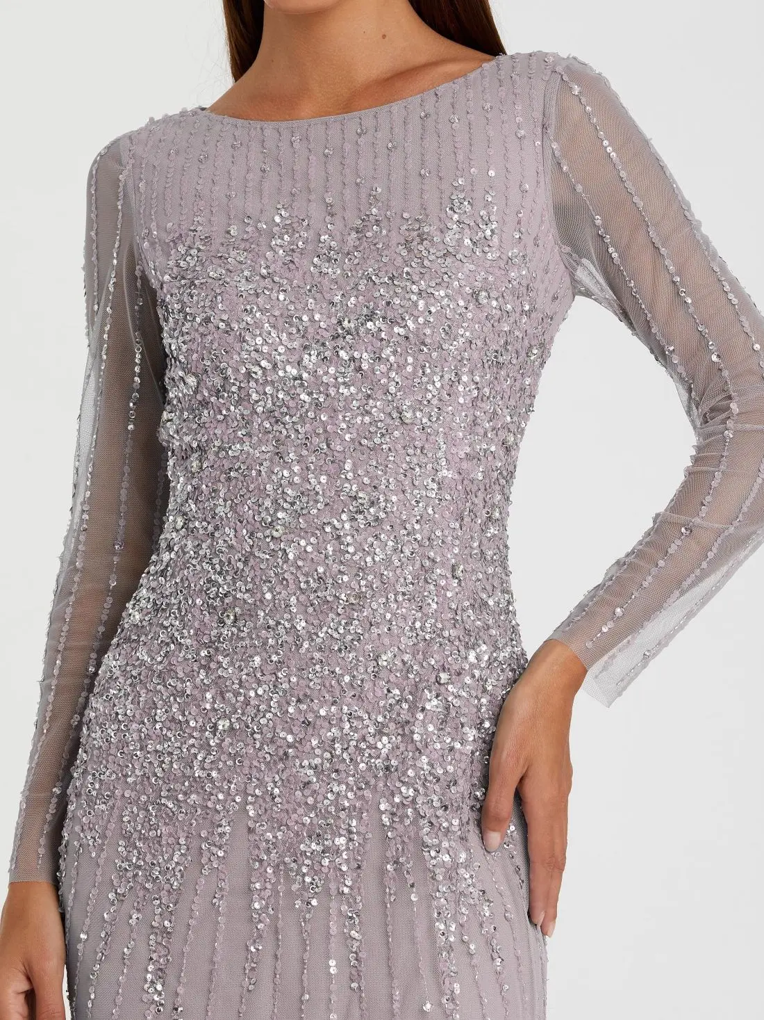 Purple Boat Neck Sequin Embellished Long Sleeve A Line Gown - Image 2