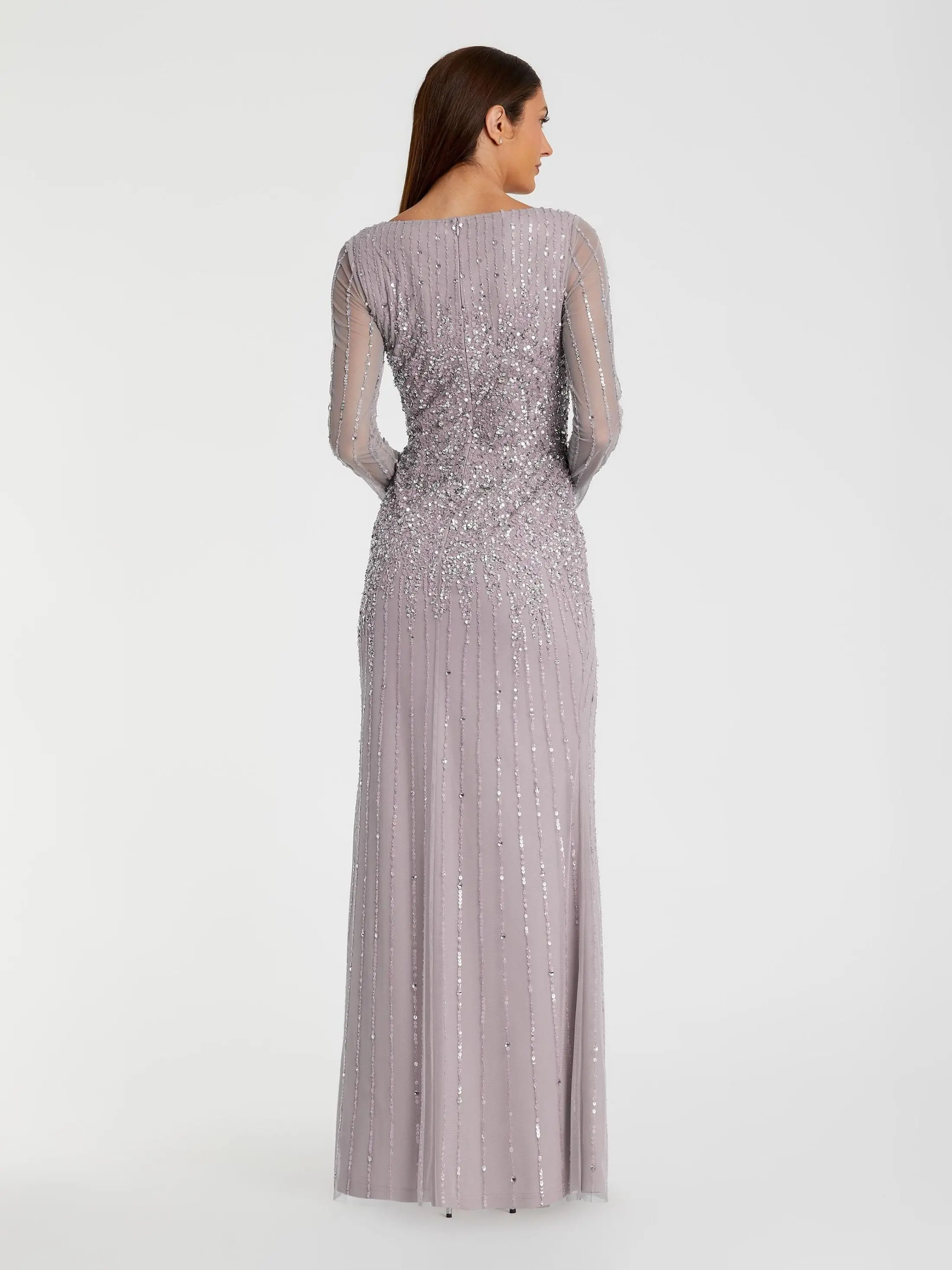 Purple Boat Neck Sequin Embellished Long Sleeve A Line Gown - Image 3