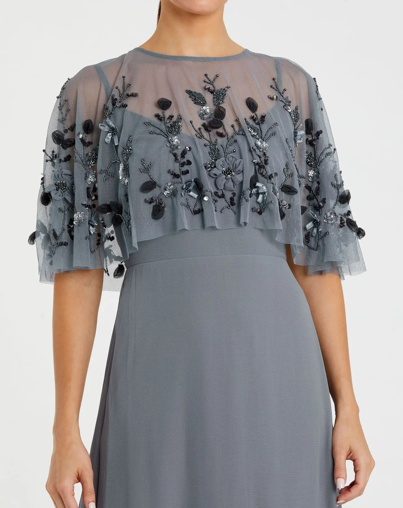 Gray Sleeveless Gown With Embellished Cape - FINAL SALE - Image 2