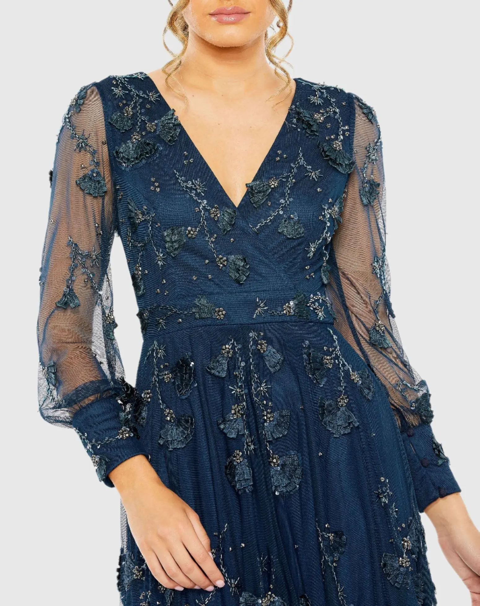 Navy Mesh Long Sleeve V-Neck Tiered A Line Gown - Image 2