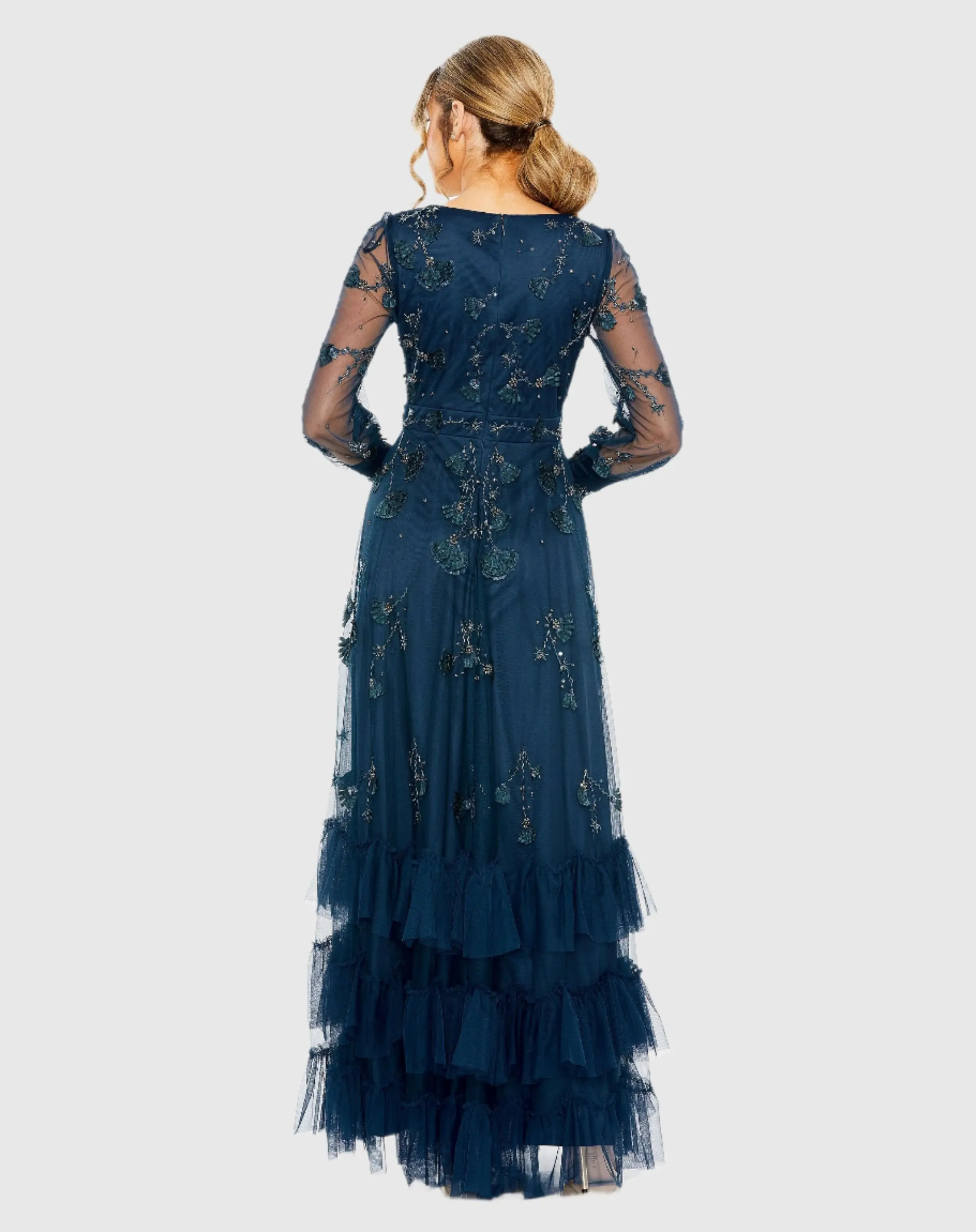 Navy Mesh Long Sleeve V-Neck Tiered A Line Gown - Image 3