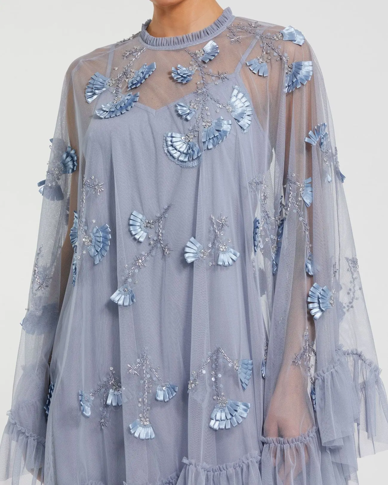 Blue Embellished Long Sleeve Trapeze Dress with Ruffle Hem - Image 2