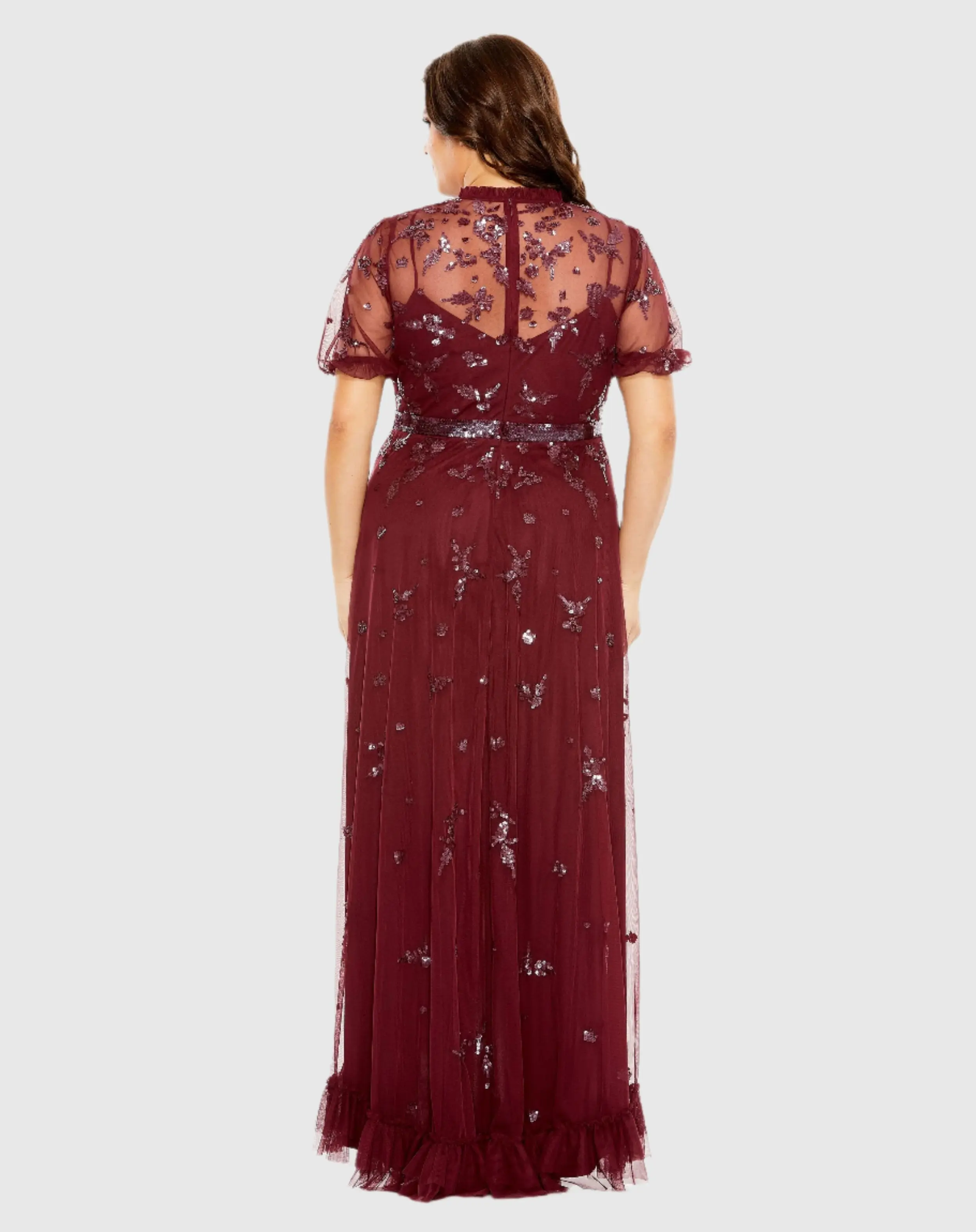 Red Short Sleeve Embellished Faux Wrap Gown (Plus) - Image 3
