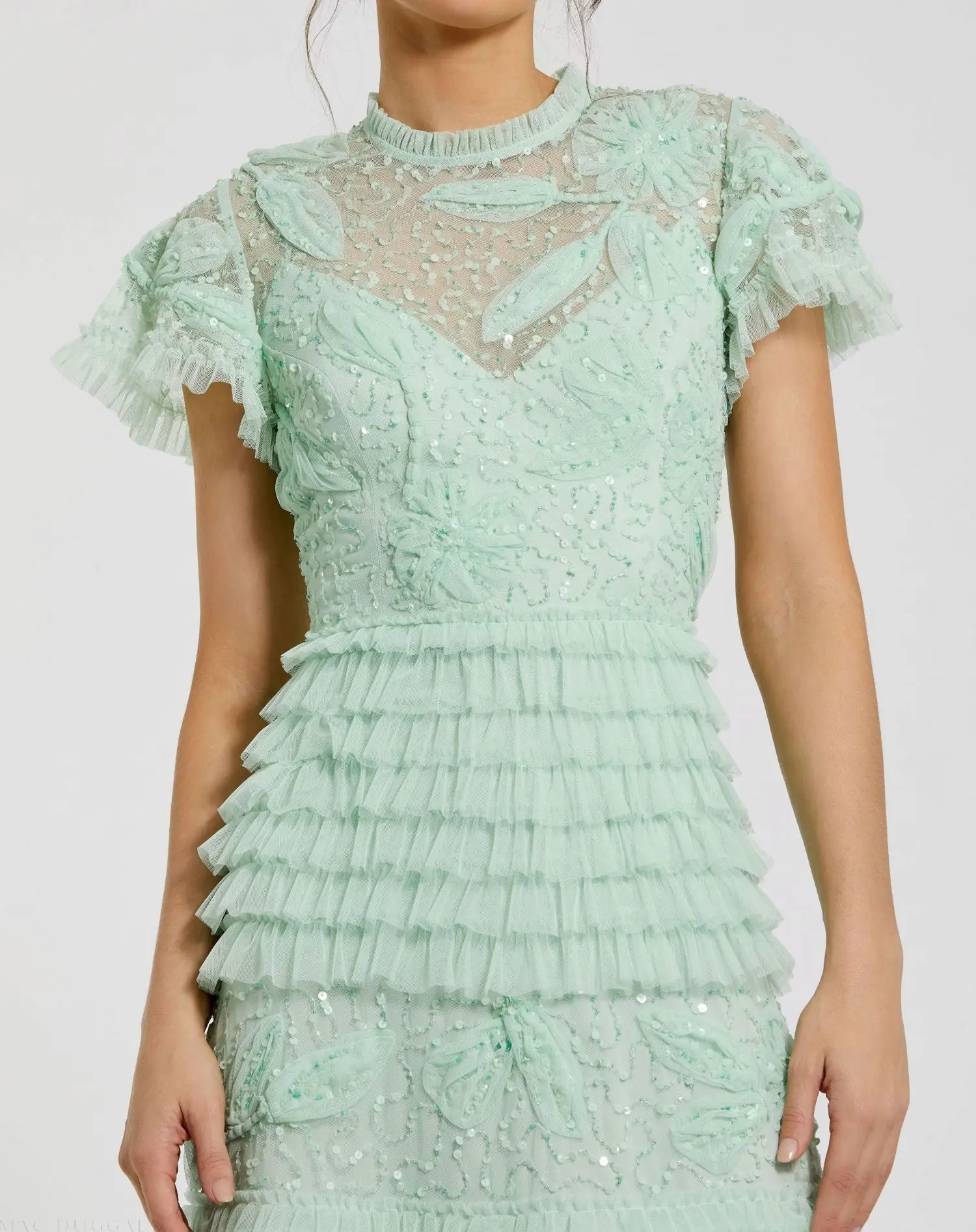 Green Beaded Mesh High Neck Micro Ruffle Gown - Image 2