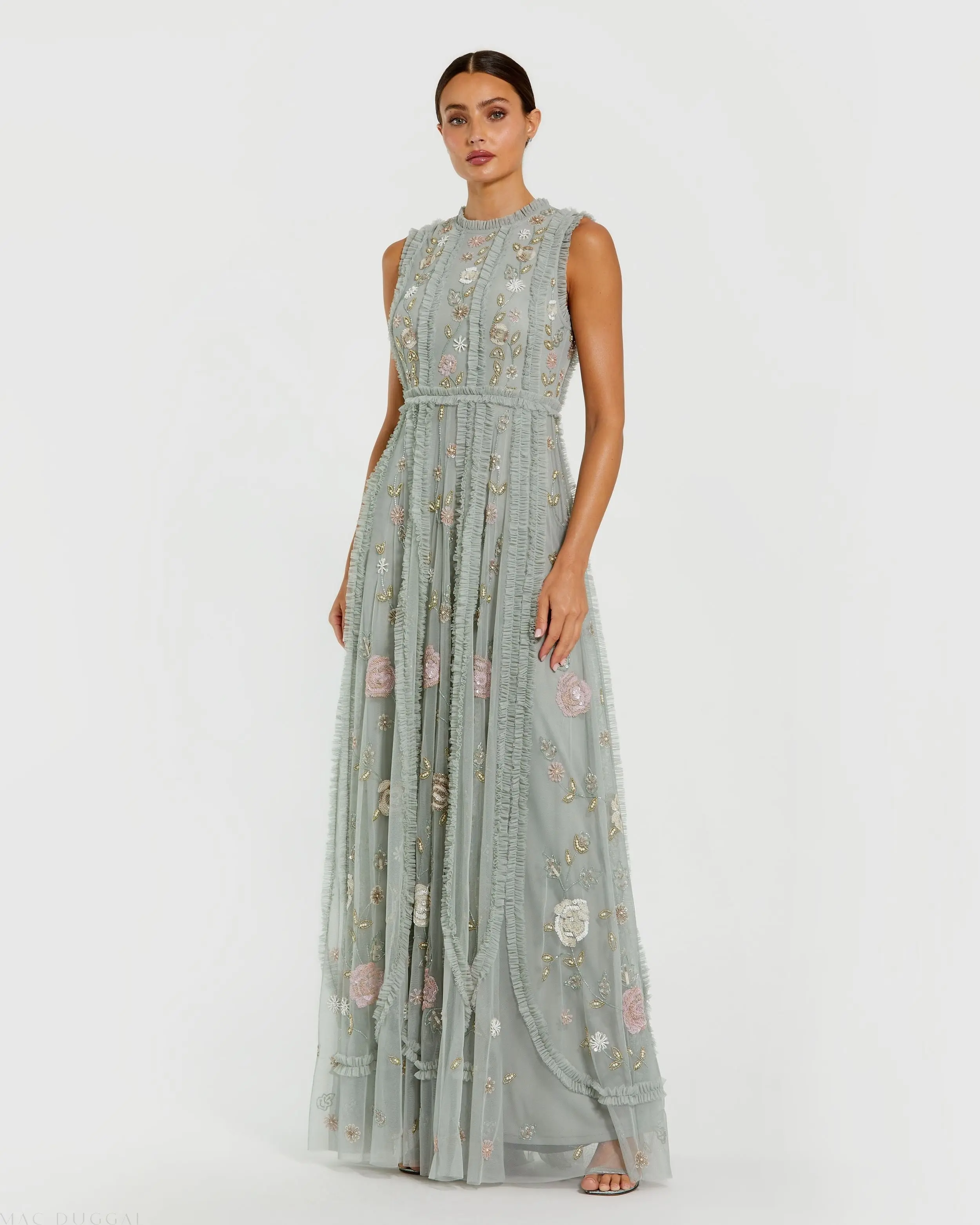 Green Floral Mesh Sleeveless A Line Micro Ruffle Gown