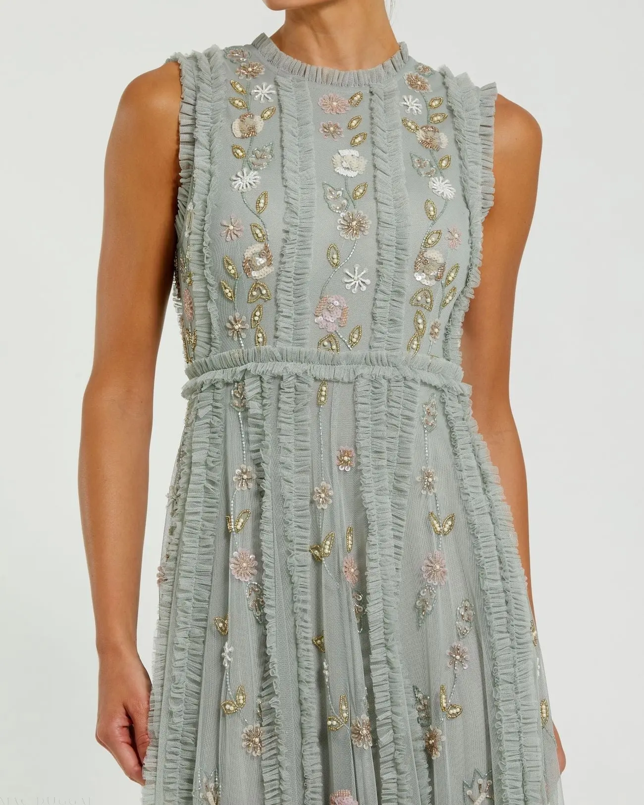 Green Floral Mesh Sleeveless A Line Micro Ruffle Gown - Image 2