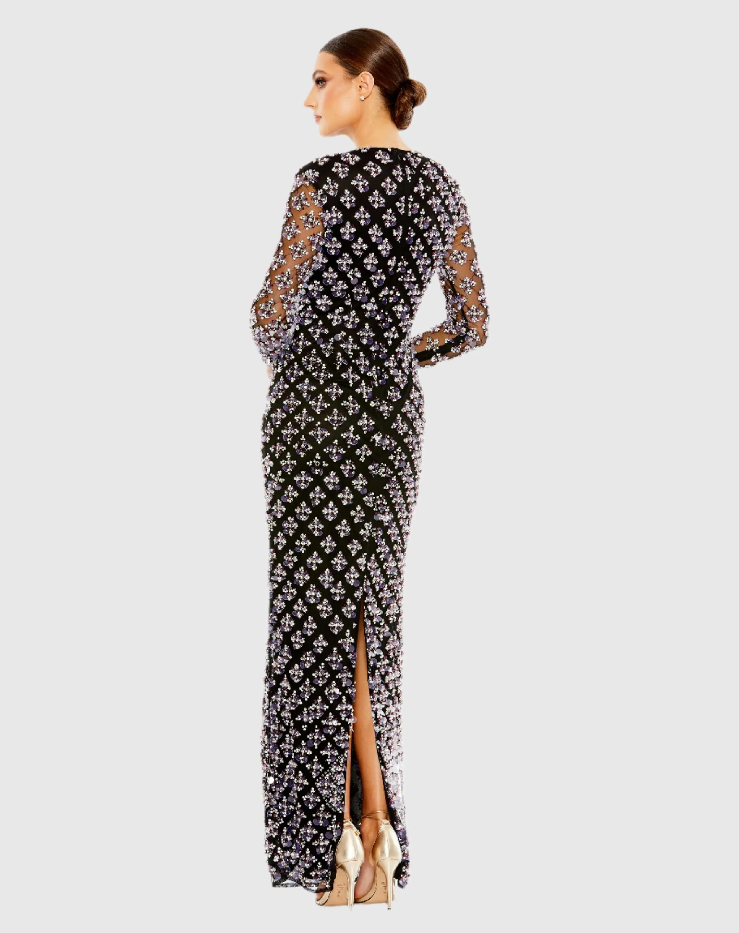 Black Long Sleeve Hand Beaded Crystal Rhinestone Gown - FINAL SALE - Image 3