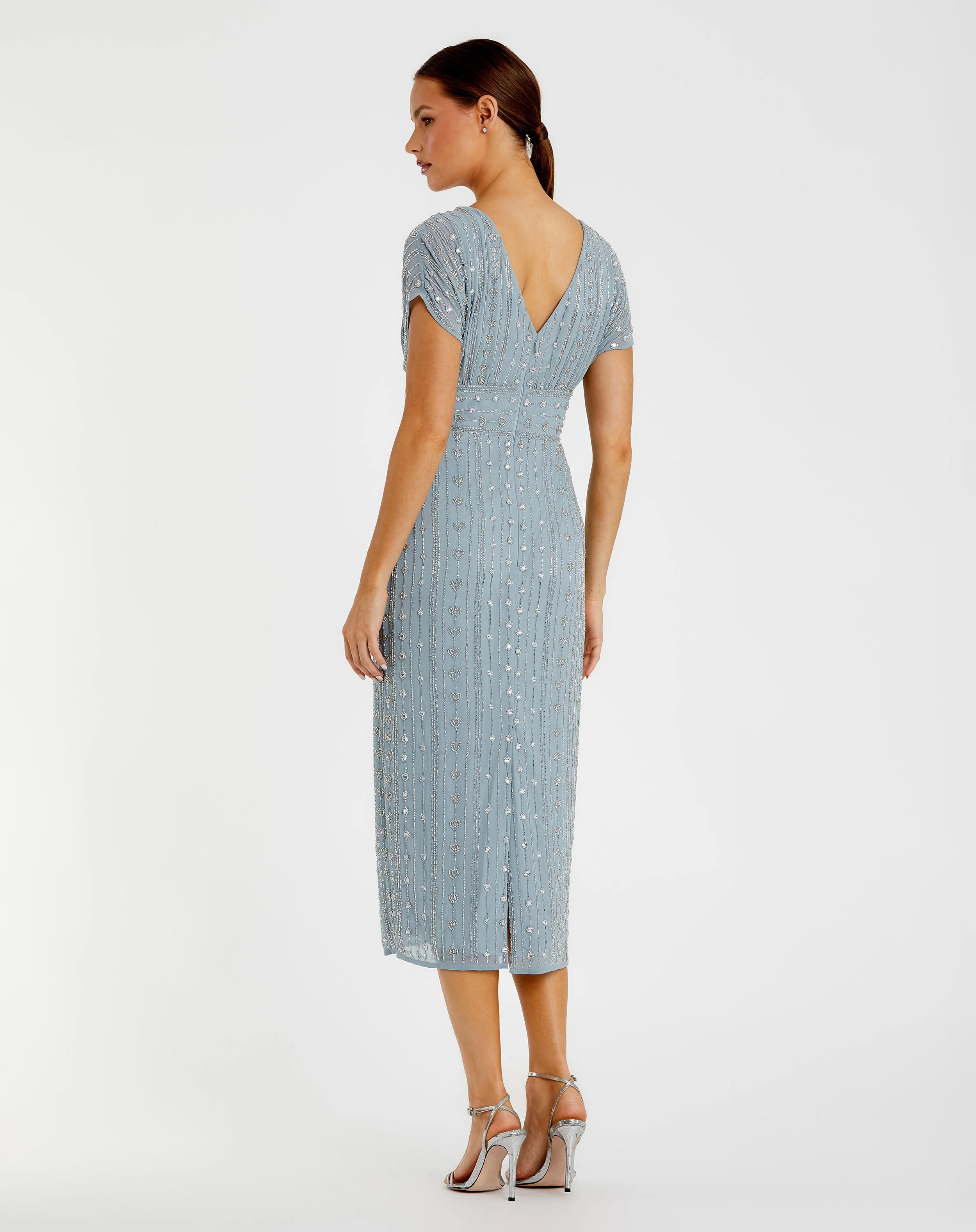 Blue Beaded Cap Sleeve Empire Waist Sheath Midi Dress - Image 3