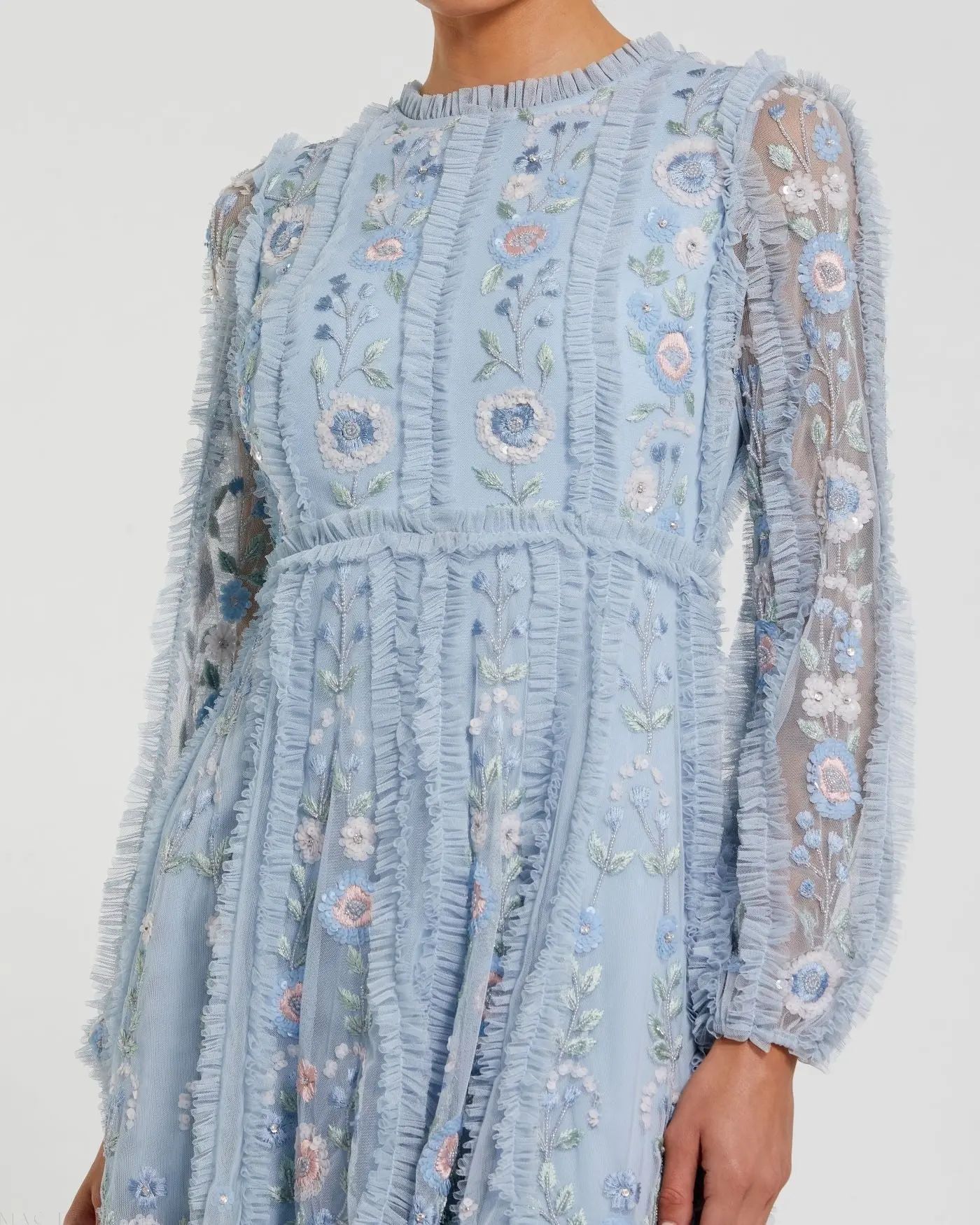 Blue Floral Long Sleeve Micro Ruffle Mini Dress - Image 2