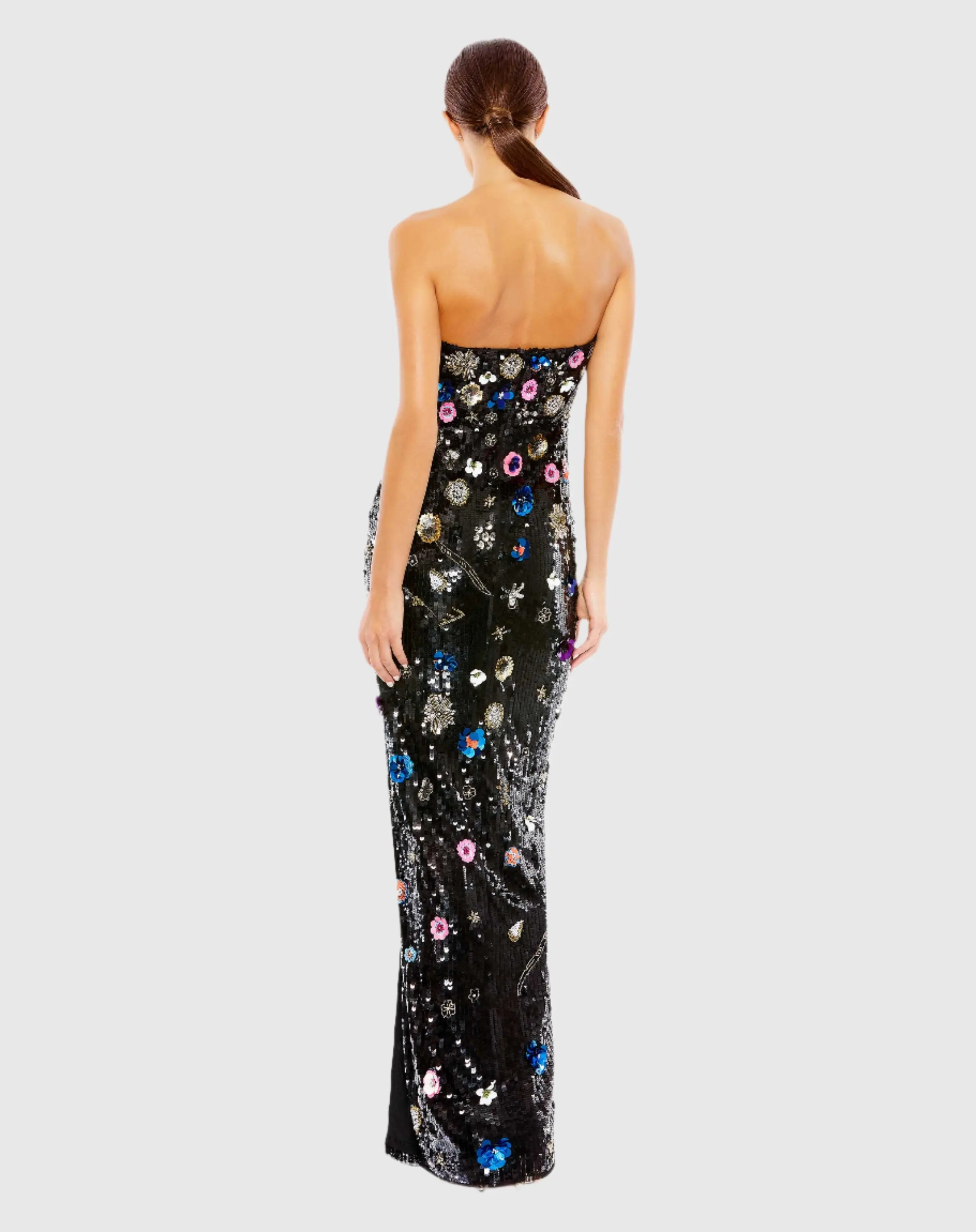 Black Floral Embellished Strapless Column Gown - Image 3