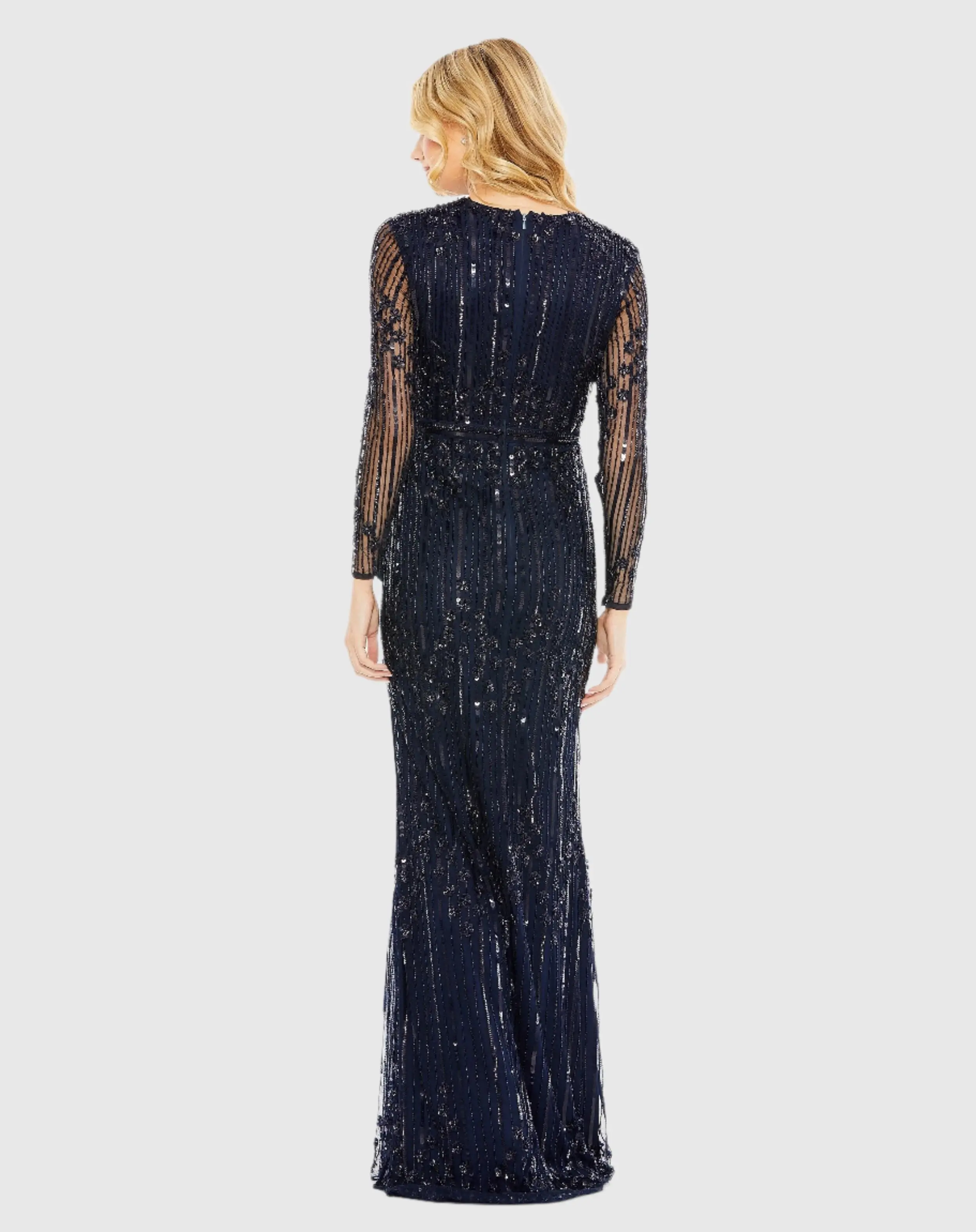 Navy Embellished Long Sleeve Column Gown - Image 3