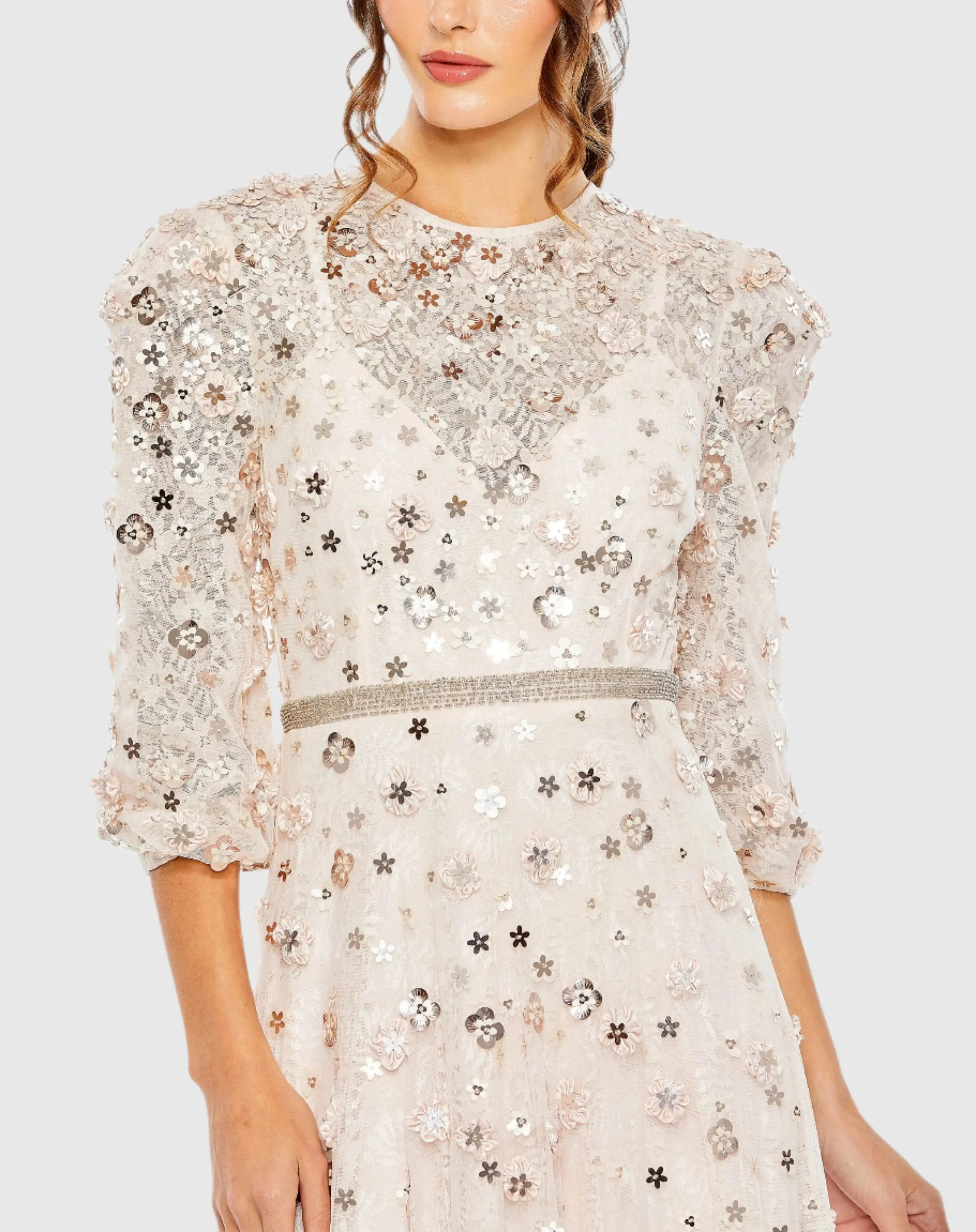 Pink Floral Applique Puff Sleeve High Neck A-Line Gown - Image 2