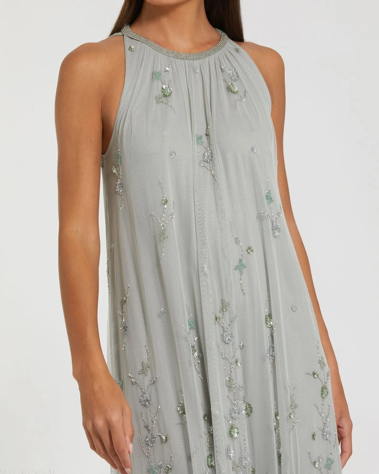 Green High Neck Floral Embellished Mesh Trapeze Gown - Image 2