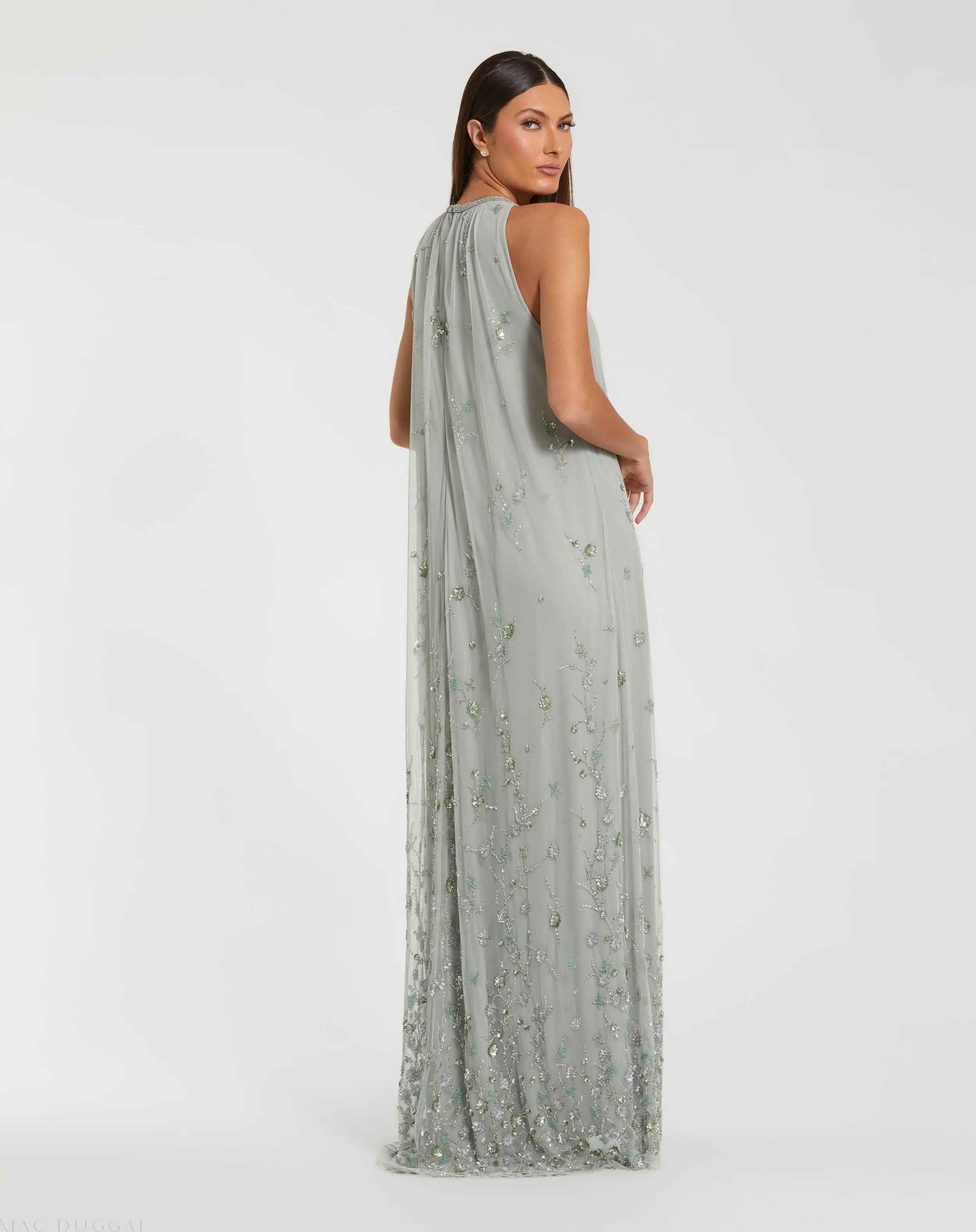 Green High Neck Floral Embellished Mesh Trapeze Gown - Image 3