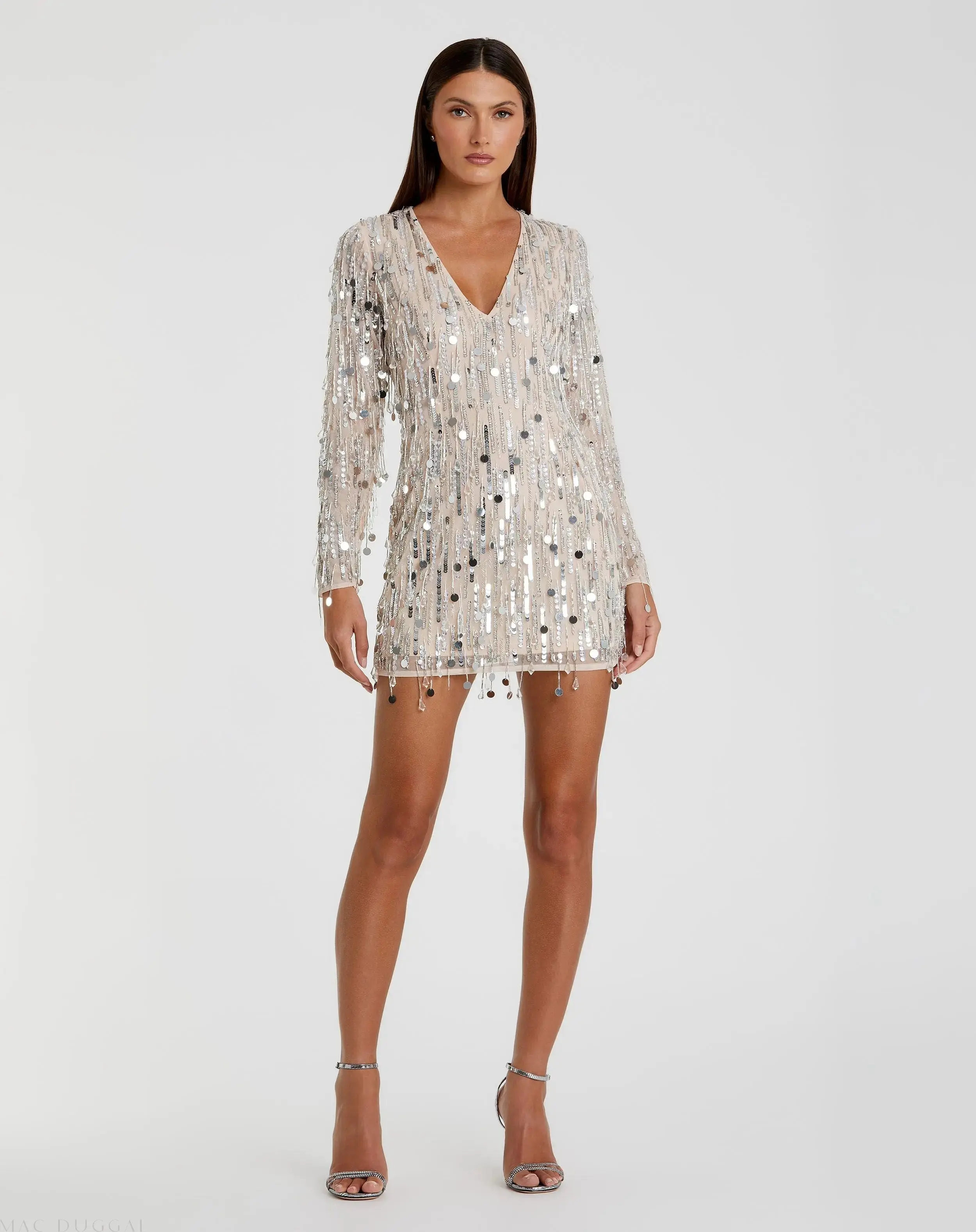 Silver Long Sleeve Beaded Fringe Plunge Neck Dress