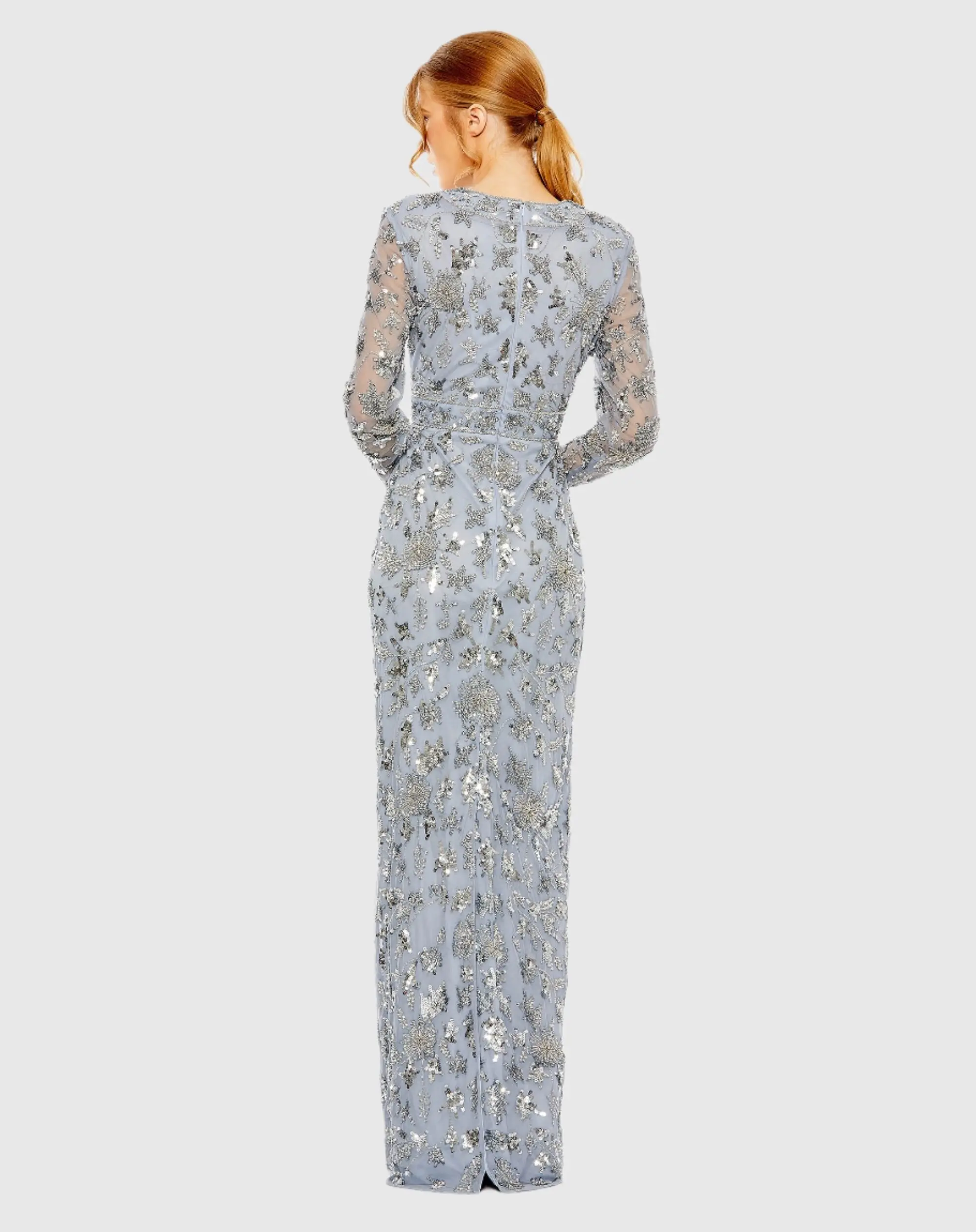 Blue High Neck Long Sleeve Embellished Column Gown - Image 3