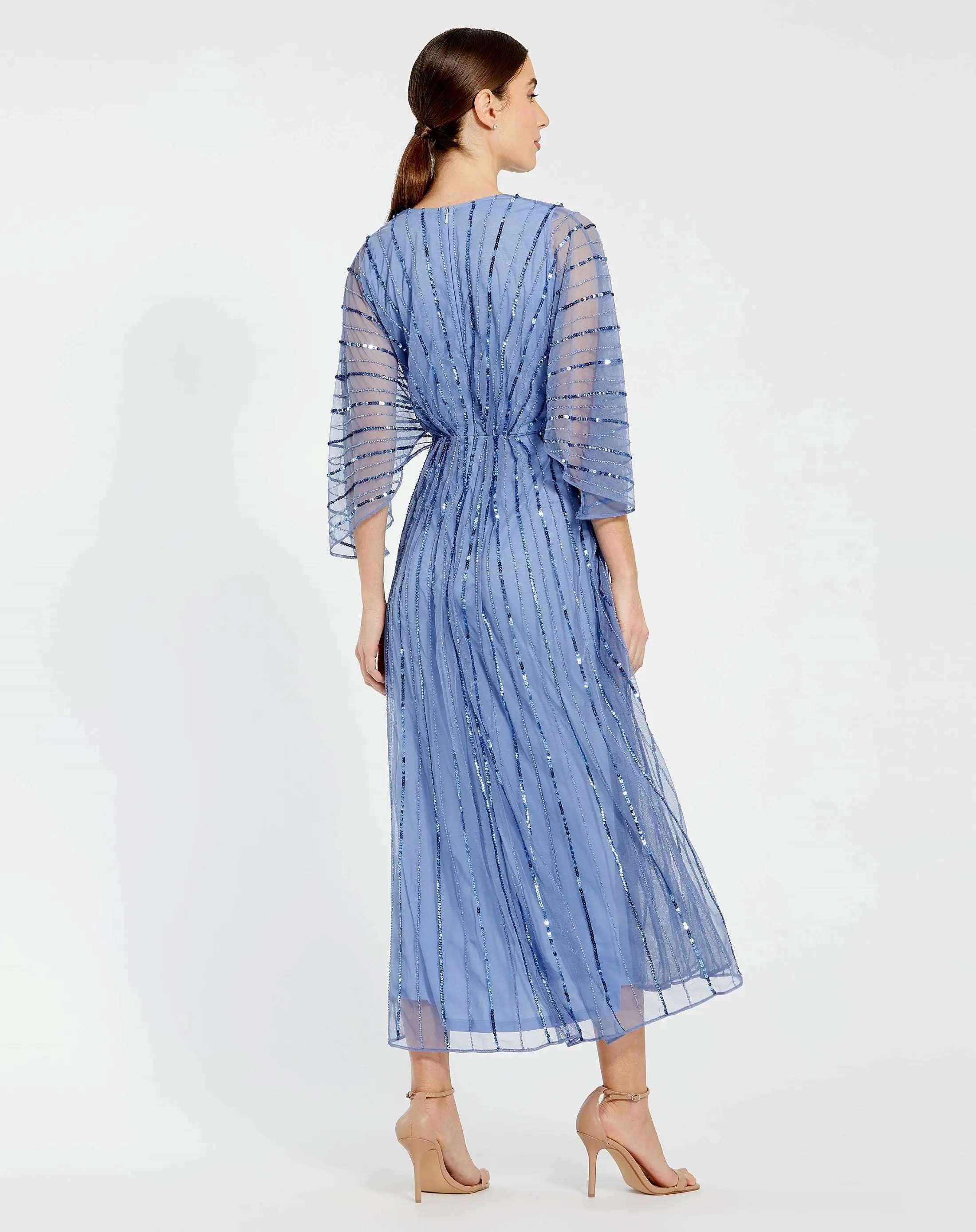 Blue Beaded Kimono V-Neck Empire Midi Dress - Image 3
