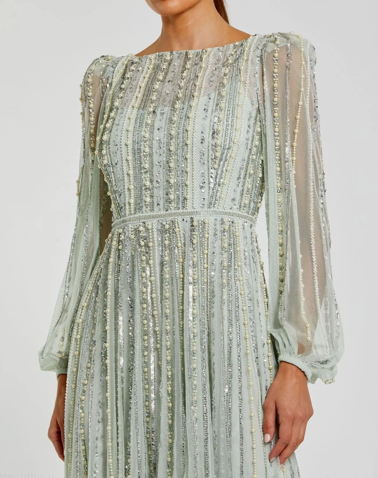 Green Boat Neck Long Sleeve Beaded Gown - Image 2