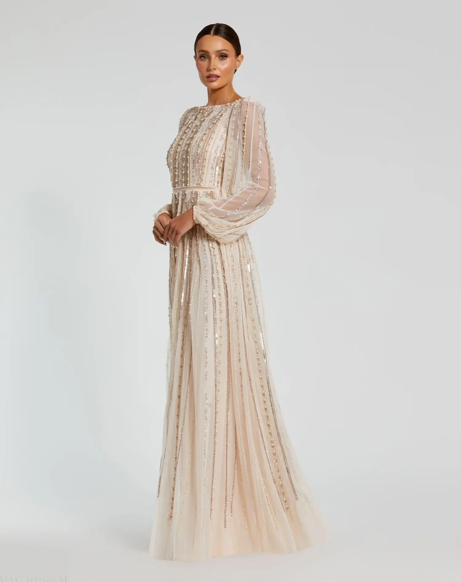 Pink Boat Neck Long Sleeve Gown With Striped Beading - Image 3