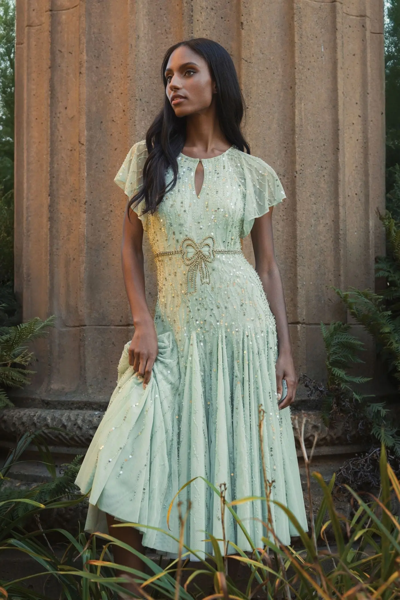 Green Embellished Bow Flutter Sleeve A Line Midi Dress - Image 5