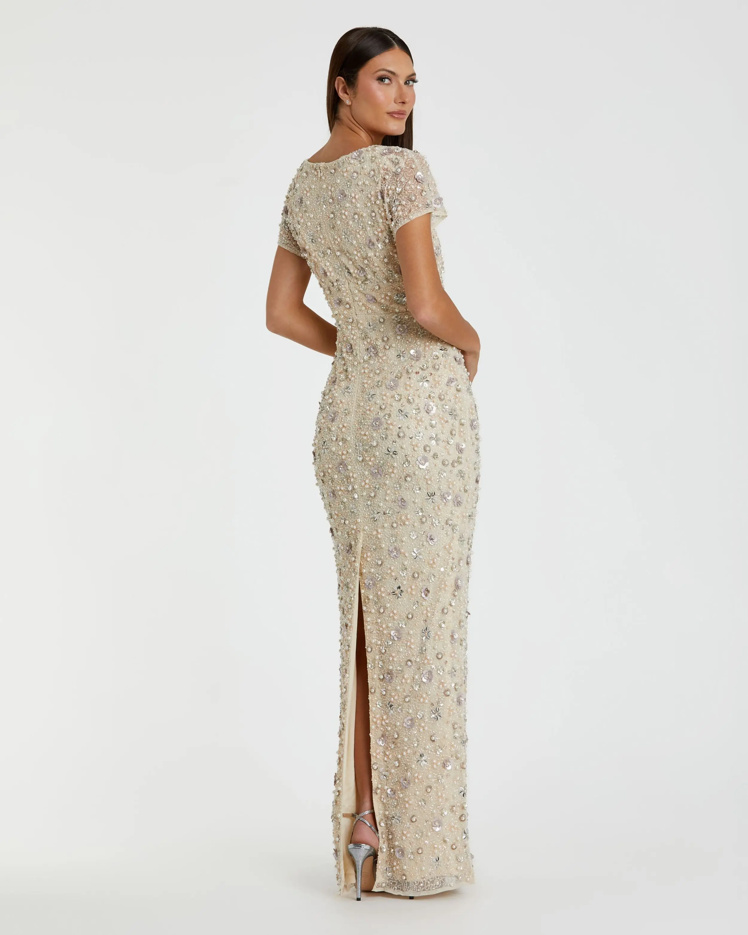 Ivory Floral Embellished Mesh Fitted Column Gown - Image 3