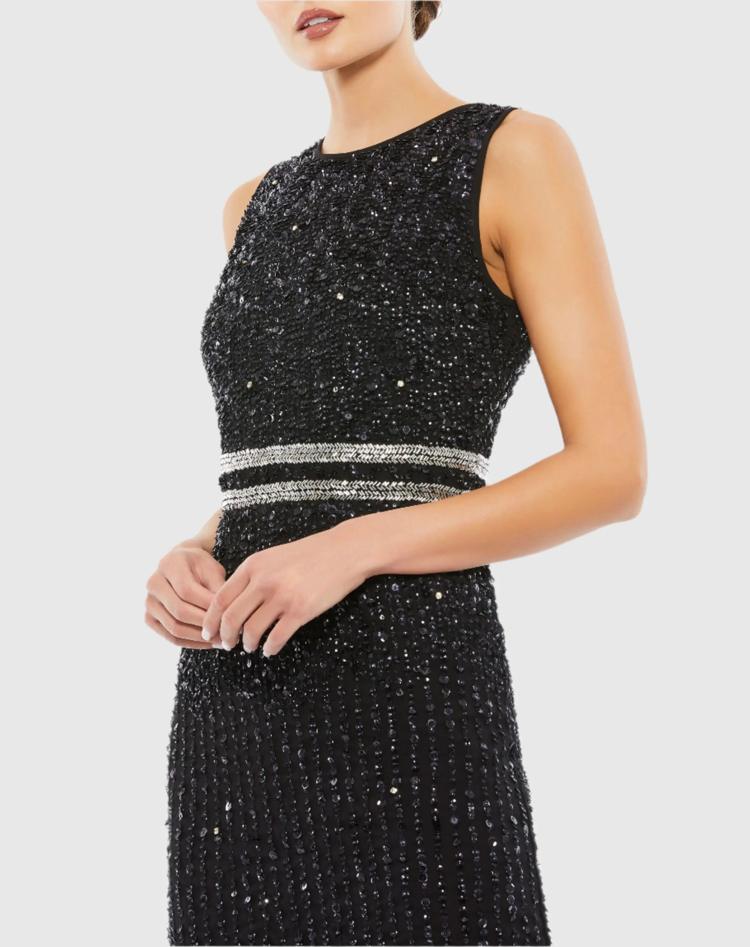 Black Sleeveless High Neck Beaded Midi Sheath Dress - Image 2