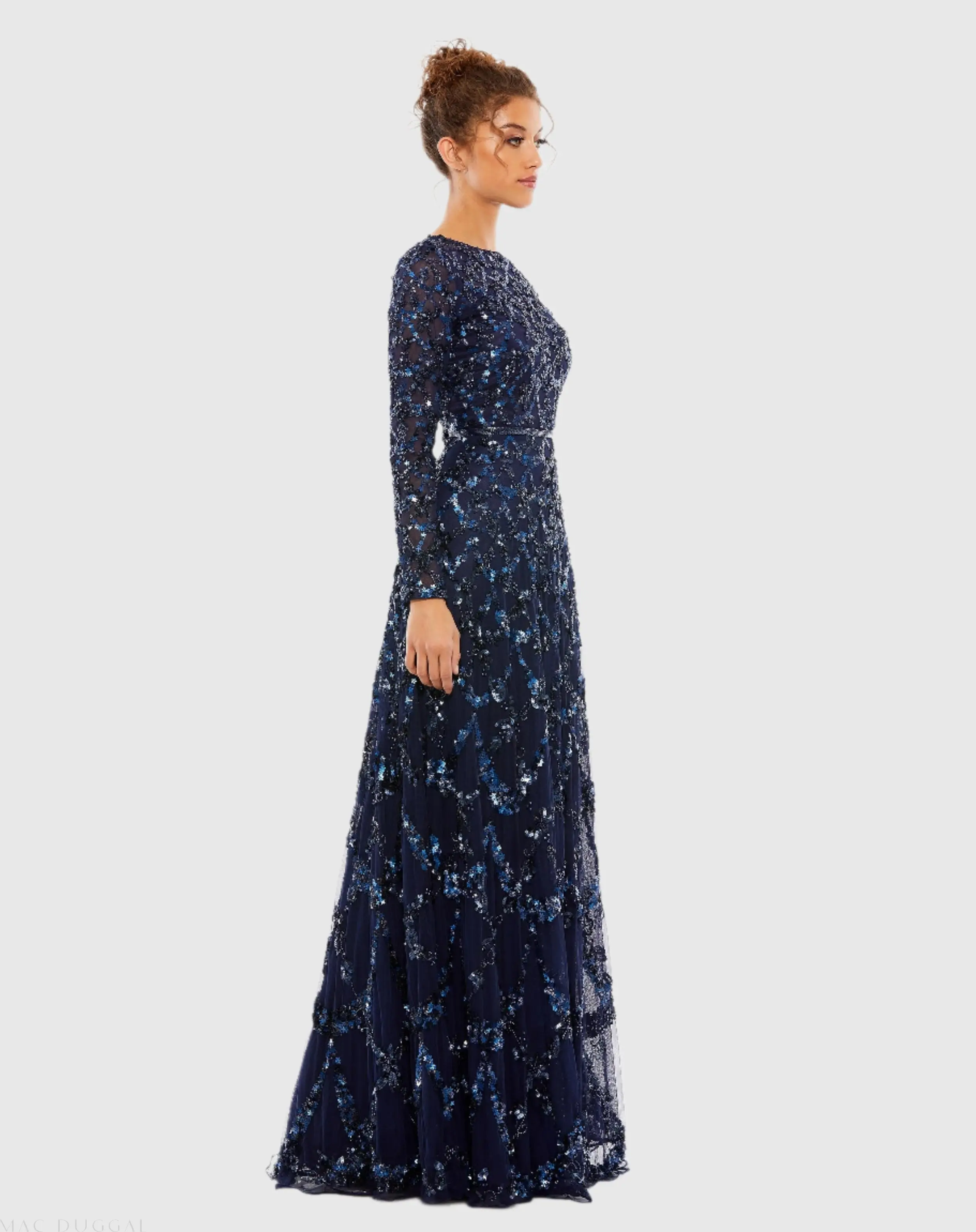 Navy Embellished Illusion High Neck Long Sleeve A Line Gown - Image 3