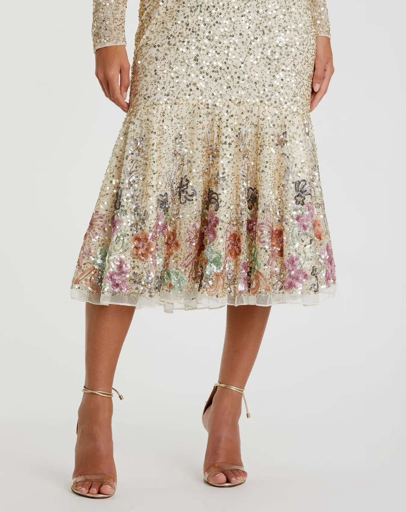 Gold Multicolor Faux Wrap Long Sleeve Tea Length Dress - FINAL SALE - Image 2