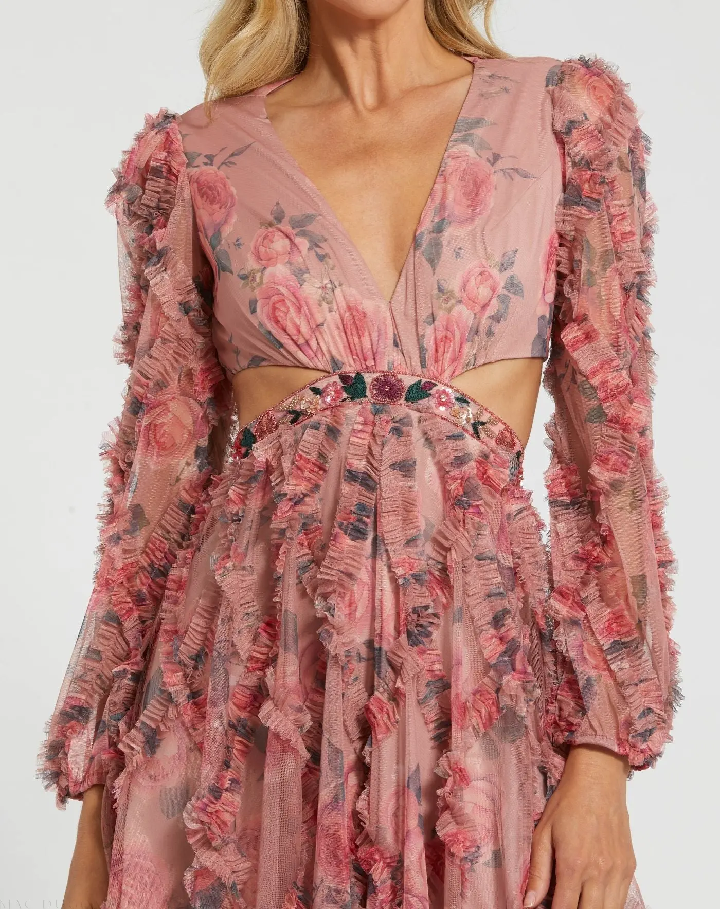 Pink Long Sleeve V Neck Cut Out Mesh Mini Dress - Image 2