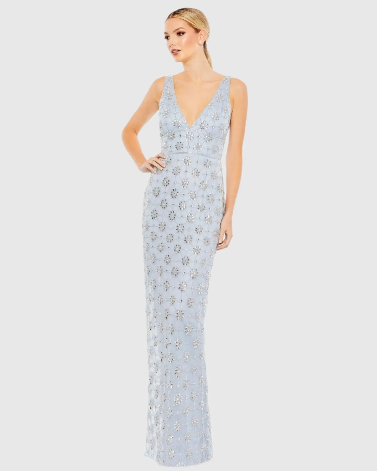 Blue Embellished Sleeveless V Neck Gown