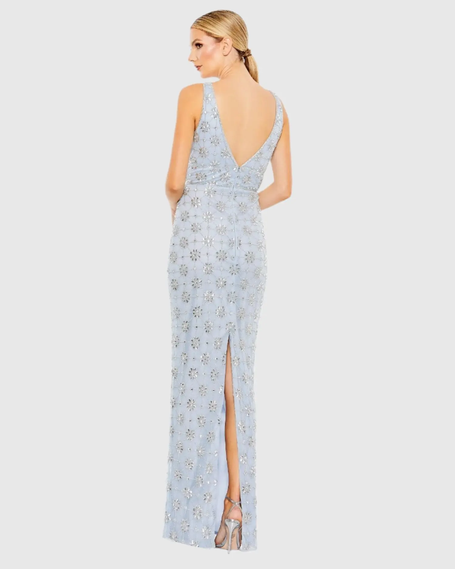 Blue Embellished Sleeveless V Neck Gown - Image 3