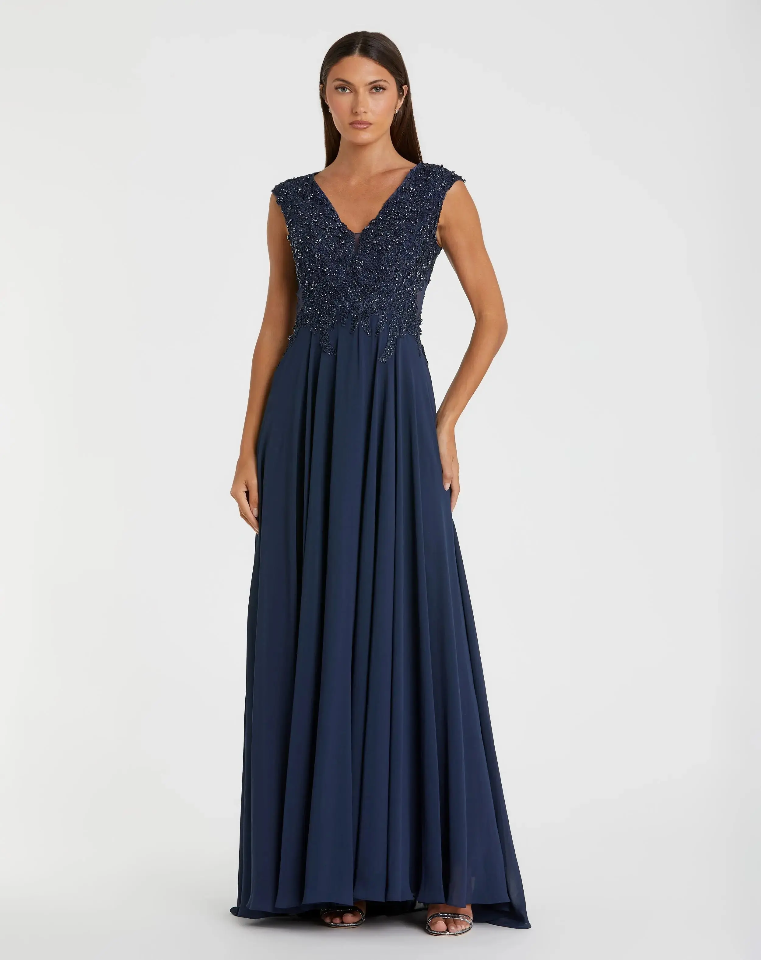 Navy Cap Sleeve Applique Bodice Flowy Gown