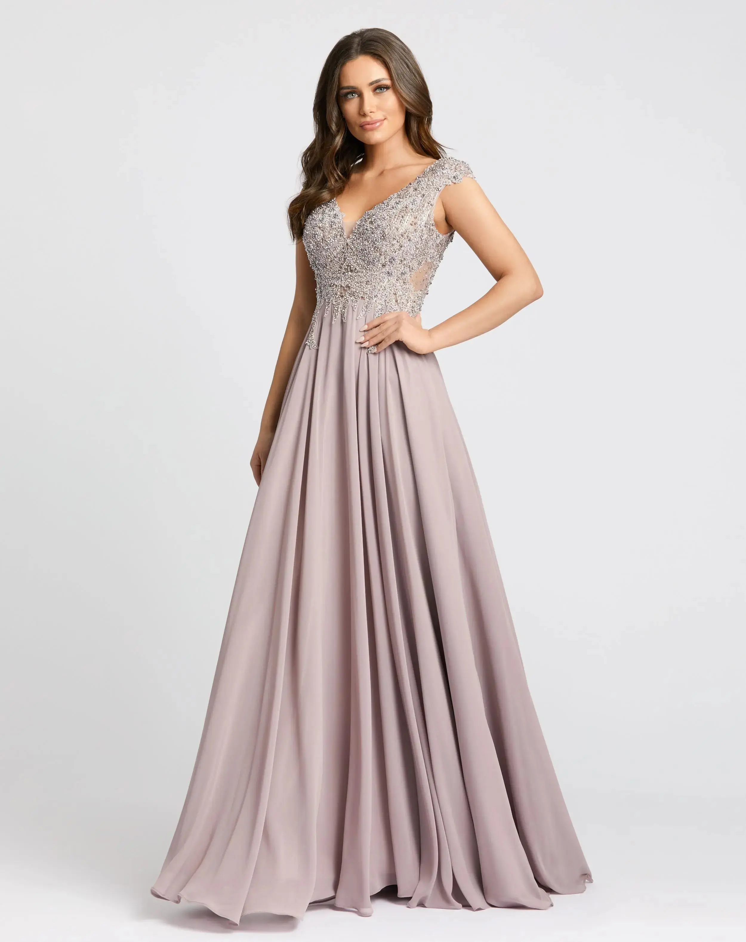 Applique Cap Sleeve Bodice Flowy Gown - Image 2